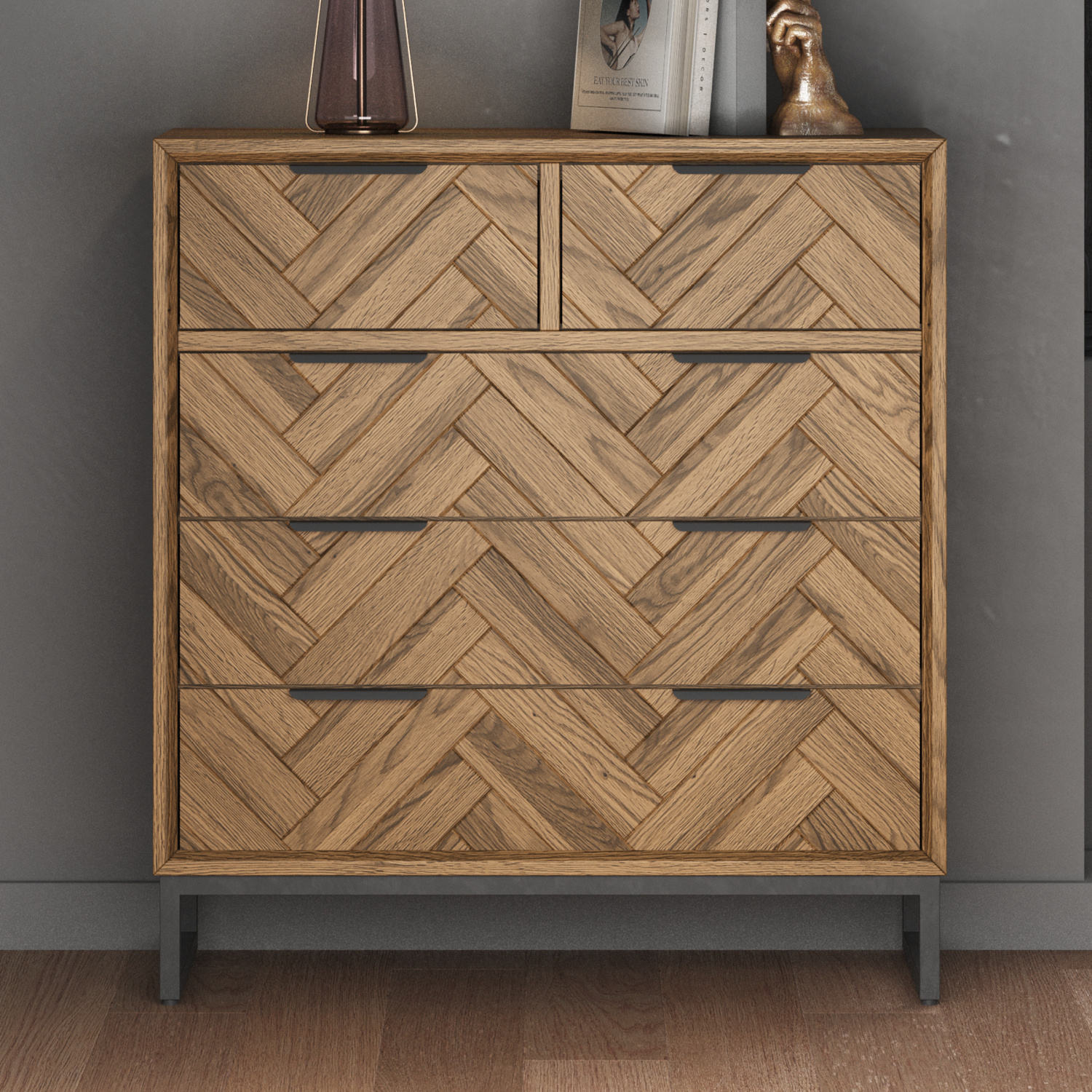Herringbone Solid Oak 2 Over 3 Chest of Drawers