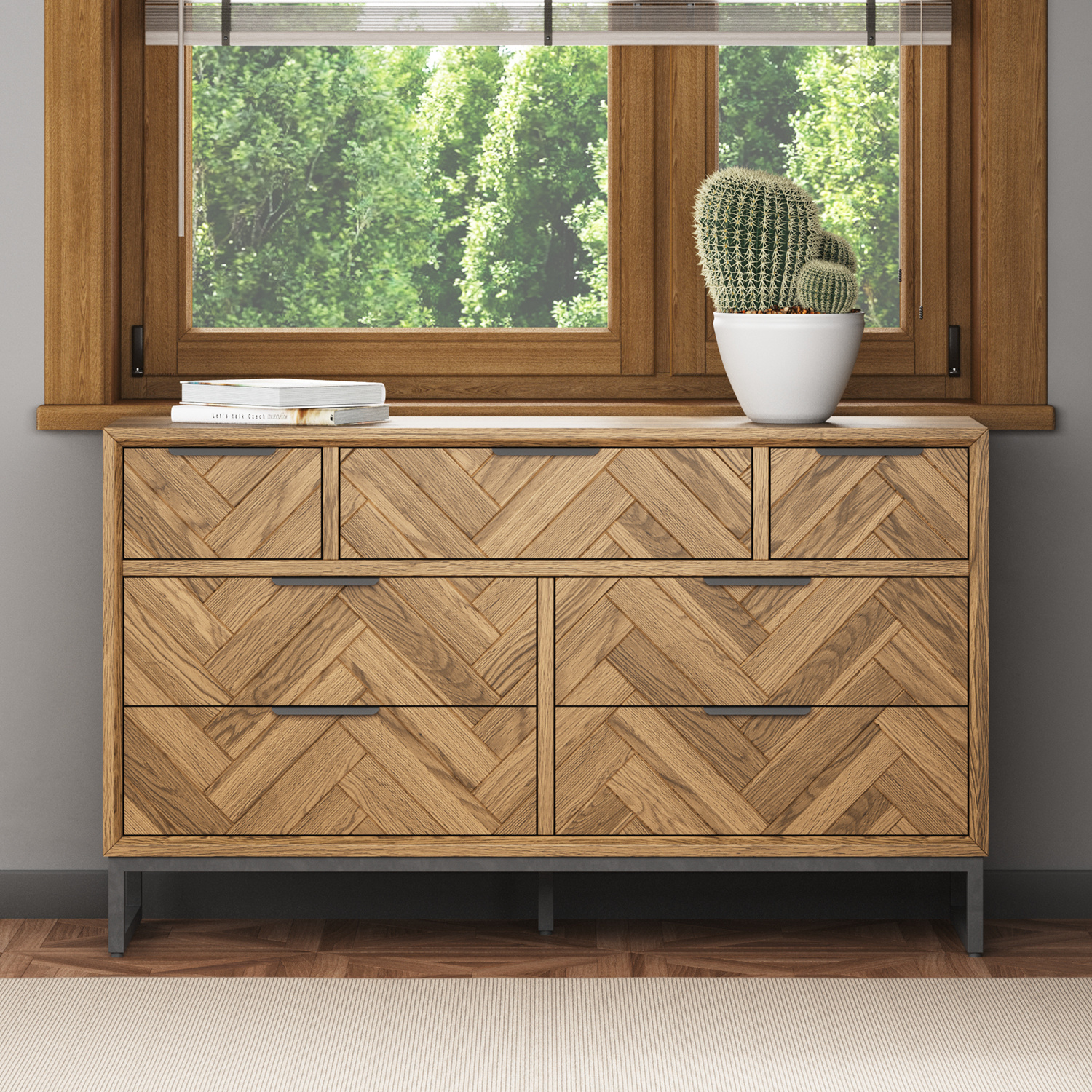 Herringbone Solid Oak Wide Chest Of Drawers
