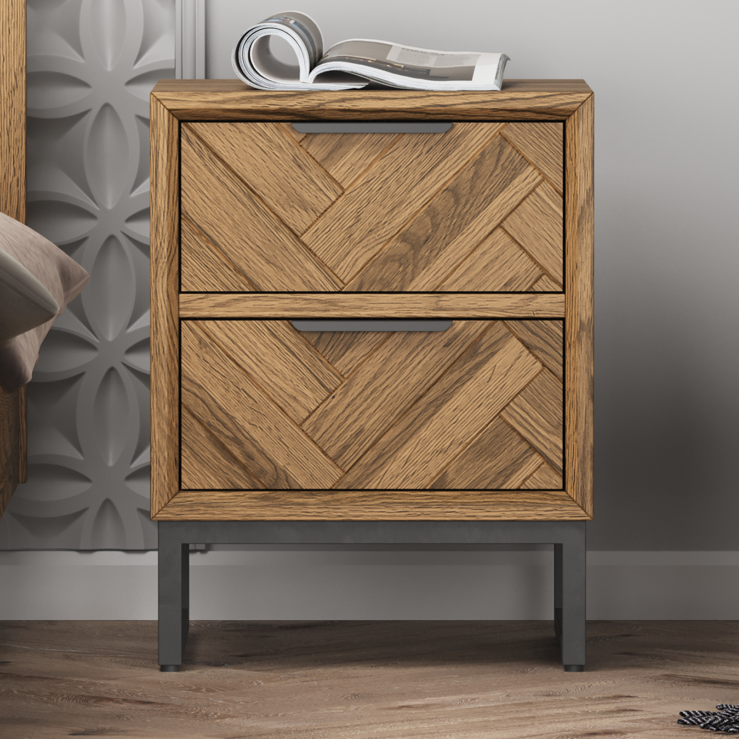 Herringbone Solid Oak 2 Drawer Bedside Table