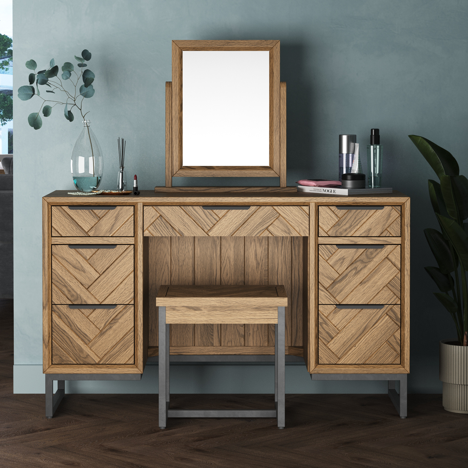 Herringbone Solid Oak Dressing Table Set
