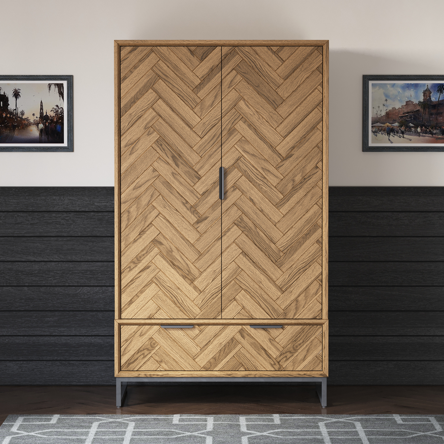Herringbone Solid Oak Double Wardrobe