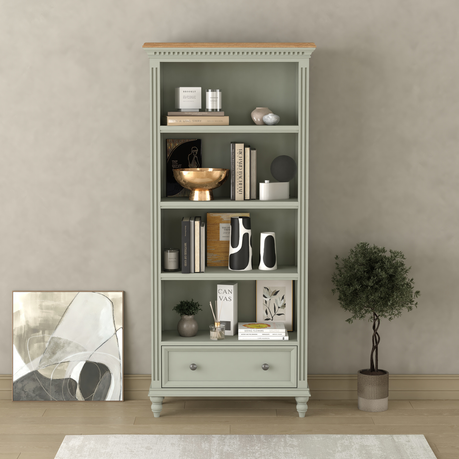 Francis Oak and Soft Green Painted Tall Bookcase thumbnail