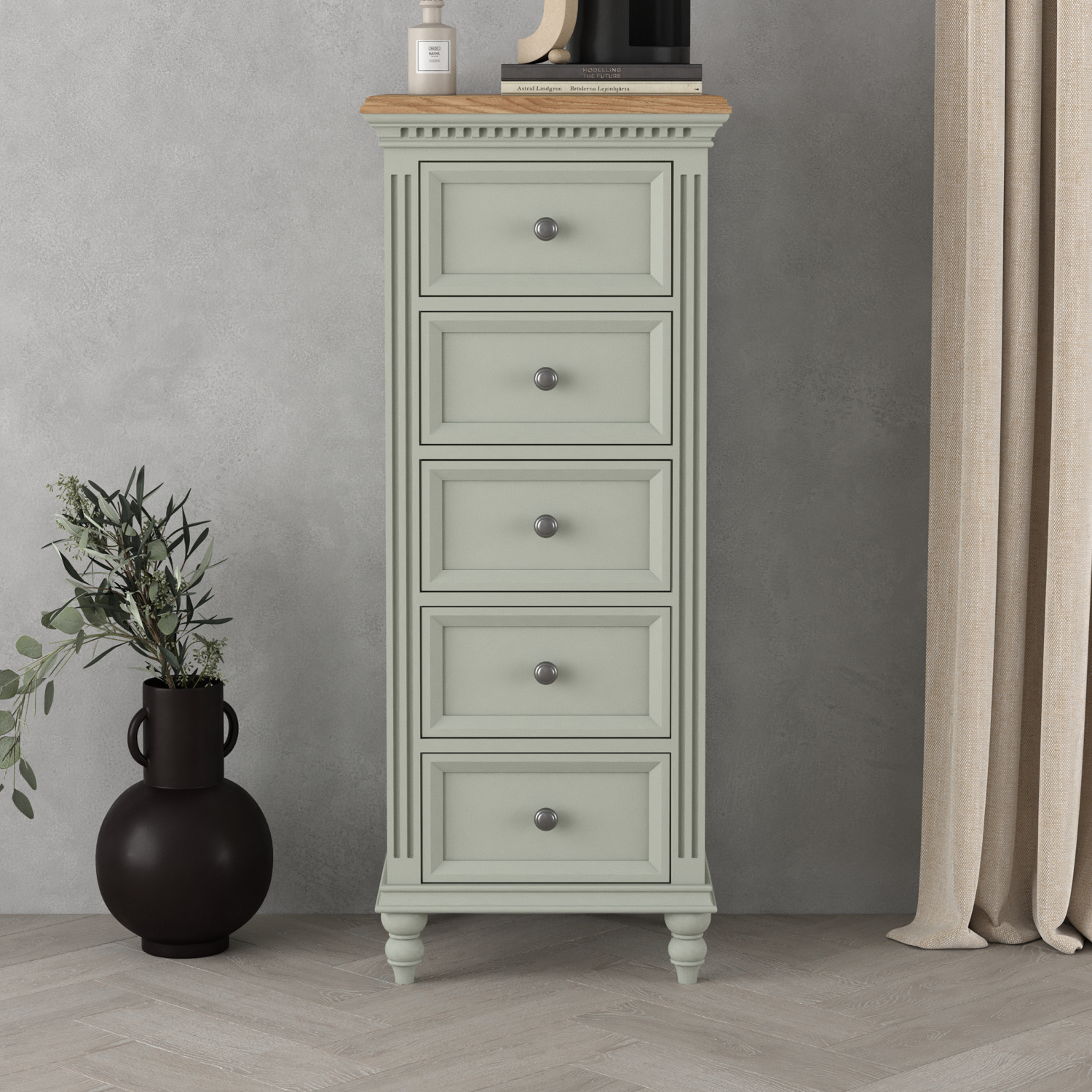 Francis Oak and Soft Green Painted 5 Drawer Tallboy