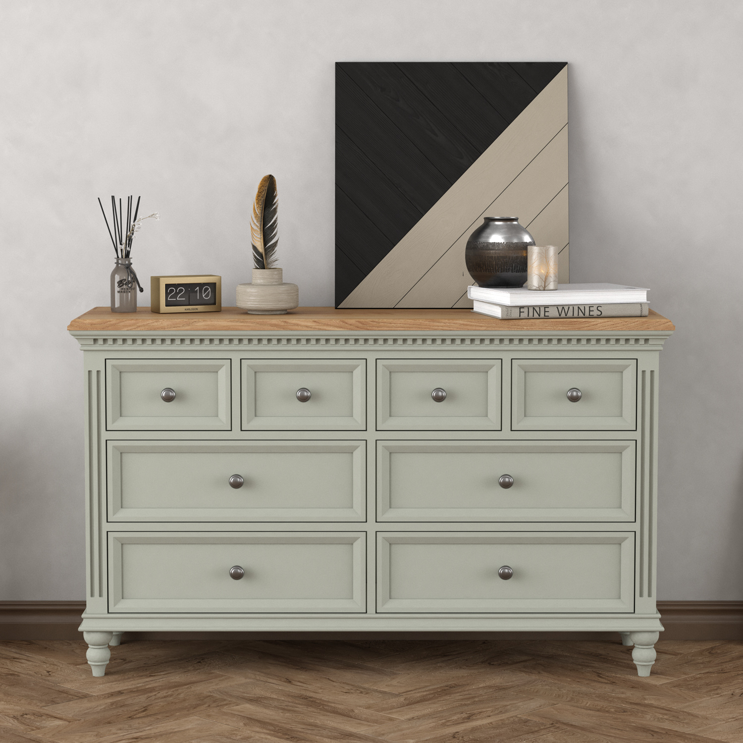 Francis Oak And Soft Green Painted Wide Chest Of Drawers