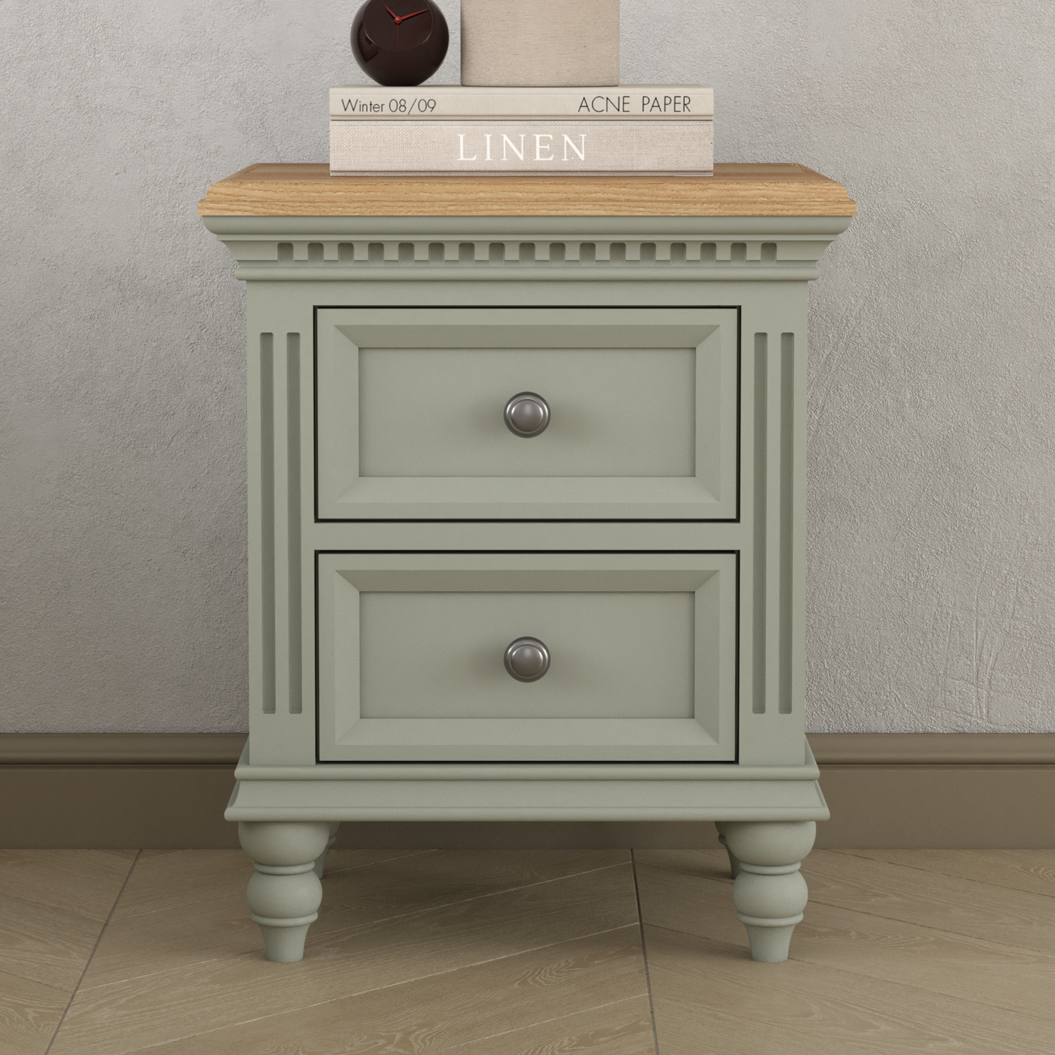 Francis Oak and Soft Green Painted 2 Drawer Bedside Chest