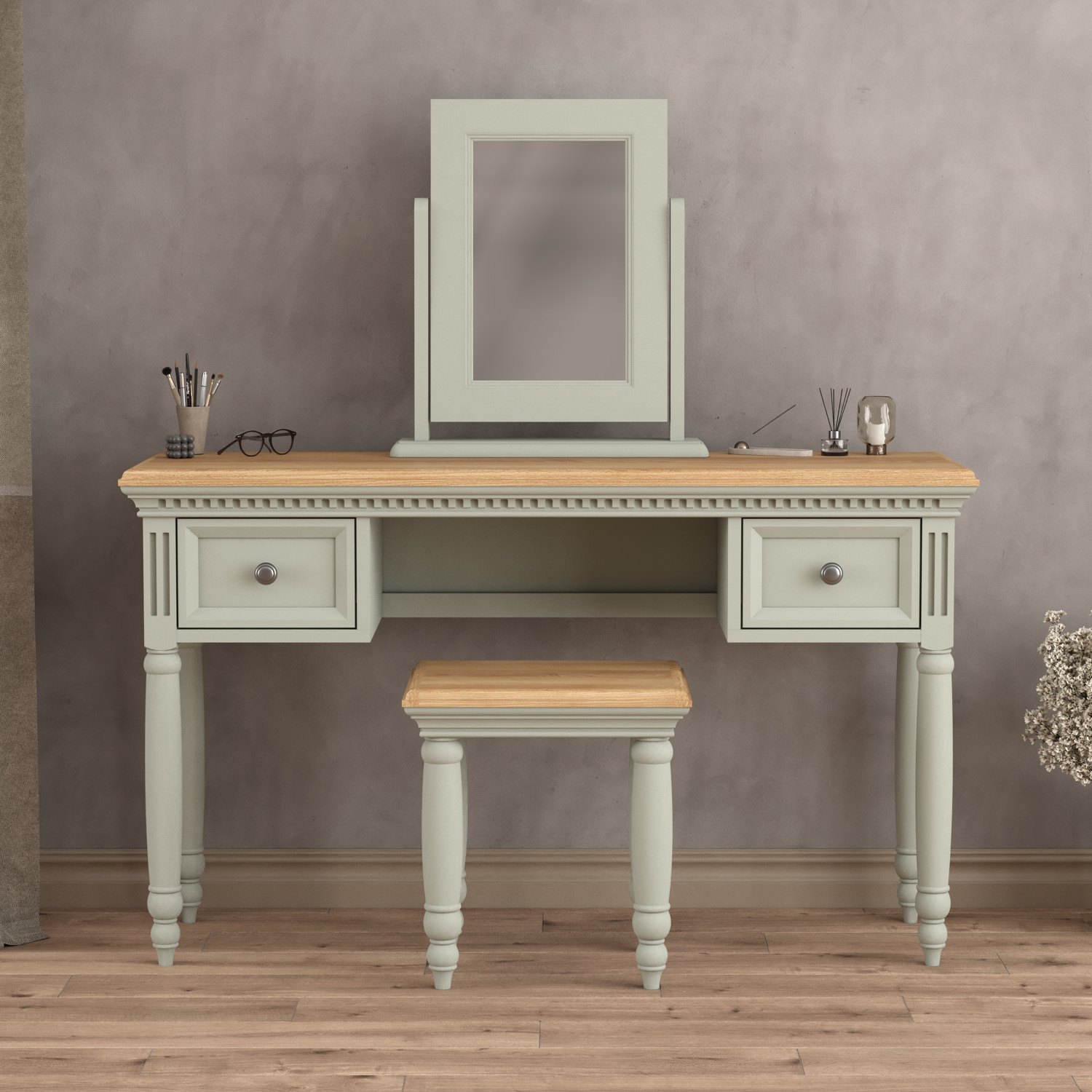 Francis Oak and Soft Green Painted Dressing Table Set thumbnail