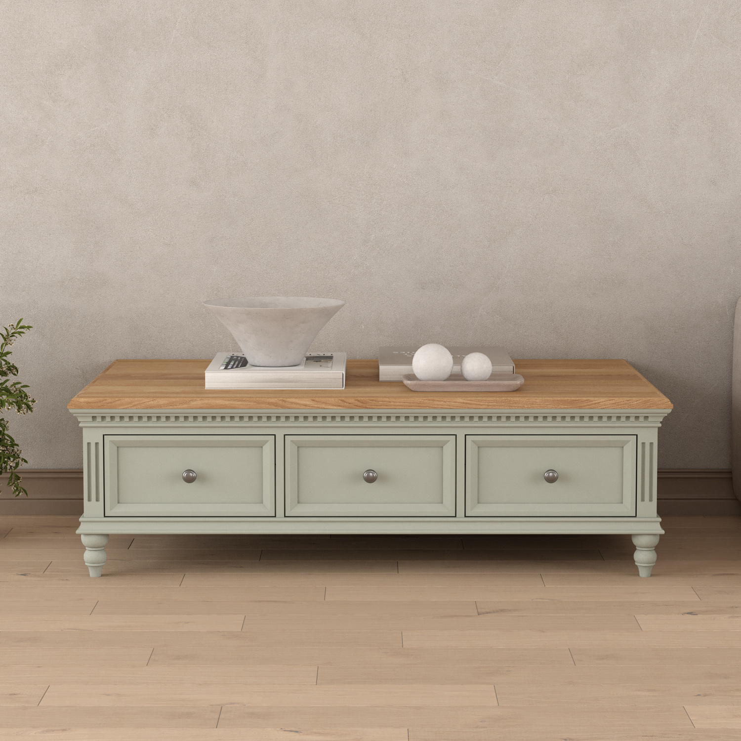 Francis Oak and Soft Green Painted 6 Drawer Extra Large Coffee Table