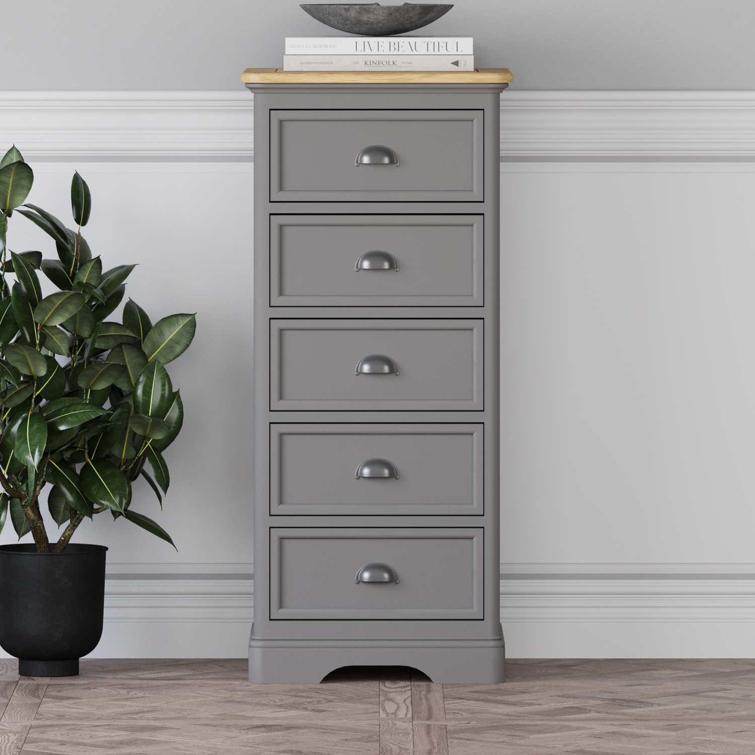 Felton Oak and Light Grey Painted 5 Drawer Tallboy