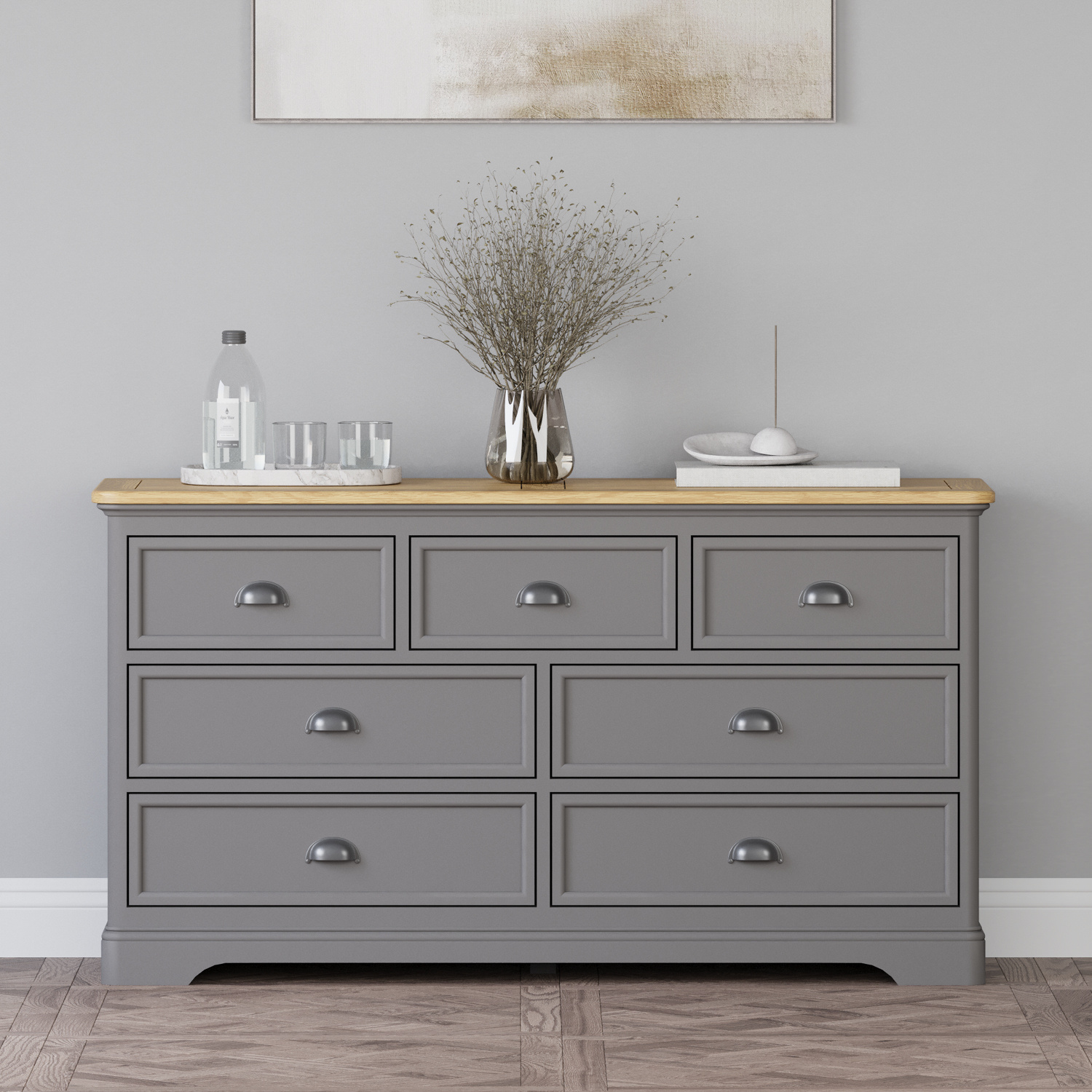 Felton Oak and Light Grey Painted Wide Chest Of Drawers