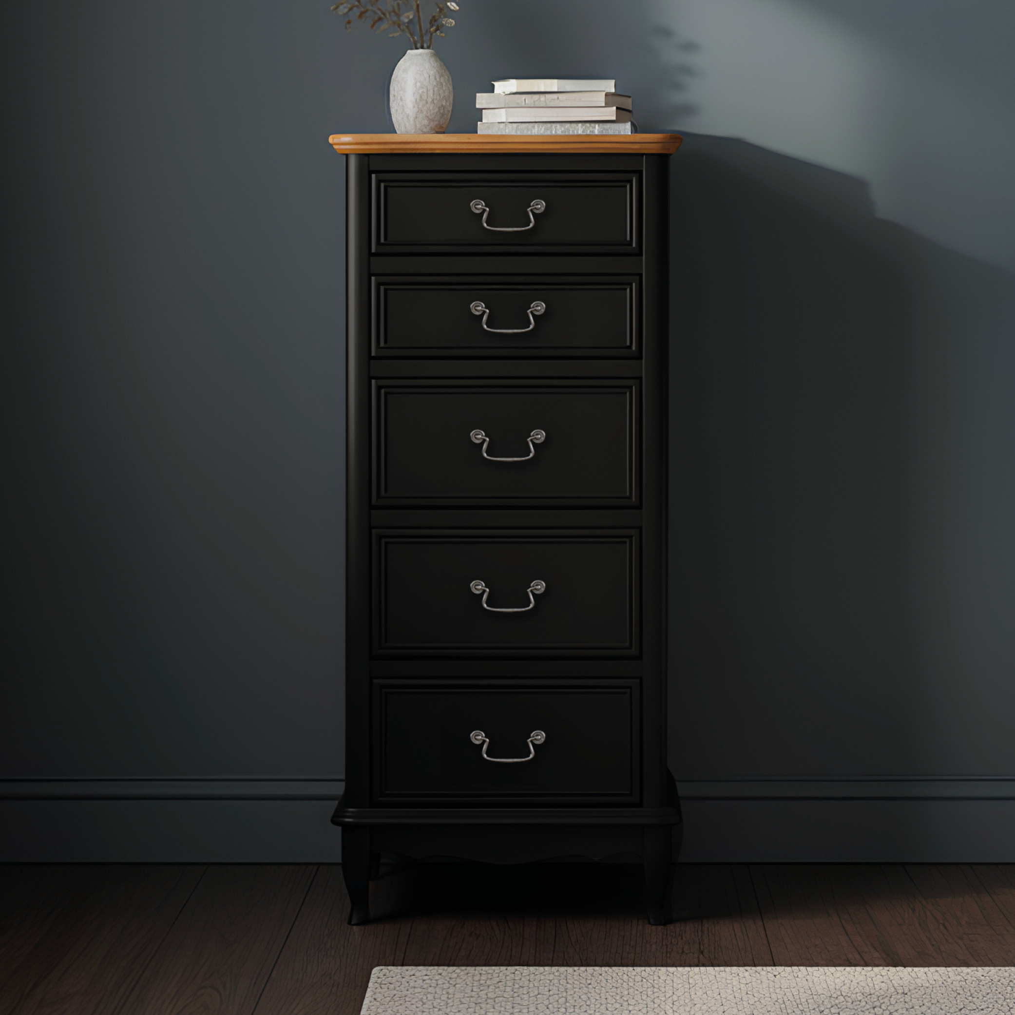 Chateau Noir Oak And Black Painted 5 Drawer Tallboy