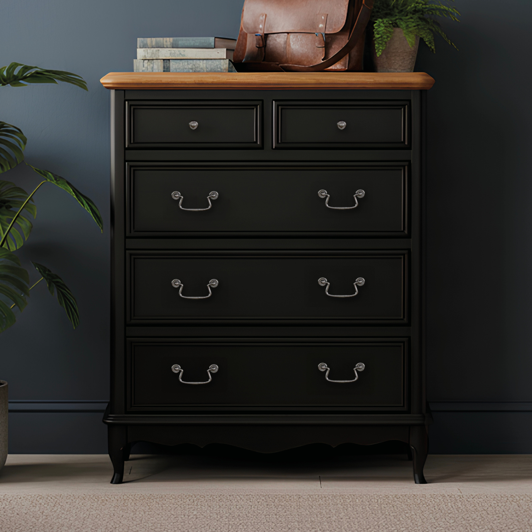 Chateau Noir Oak And Black Painted 2 Over 3 Chest Of Drawers