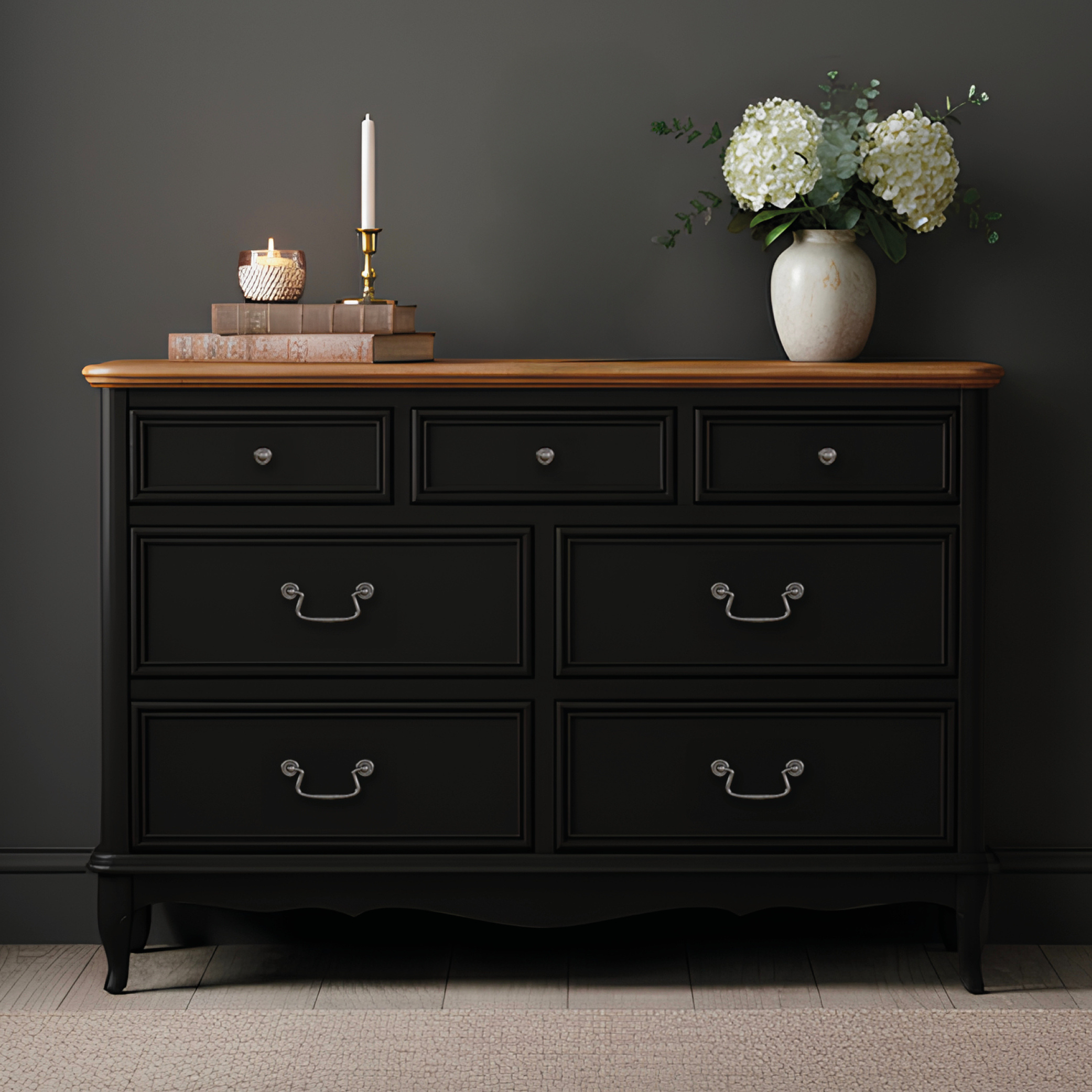 Chateau Noir Oak And Black Painted Wide Chest Of Drawers