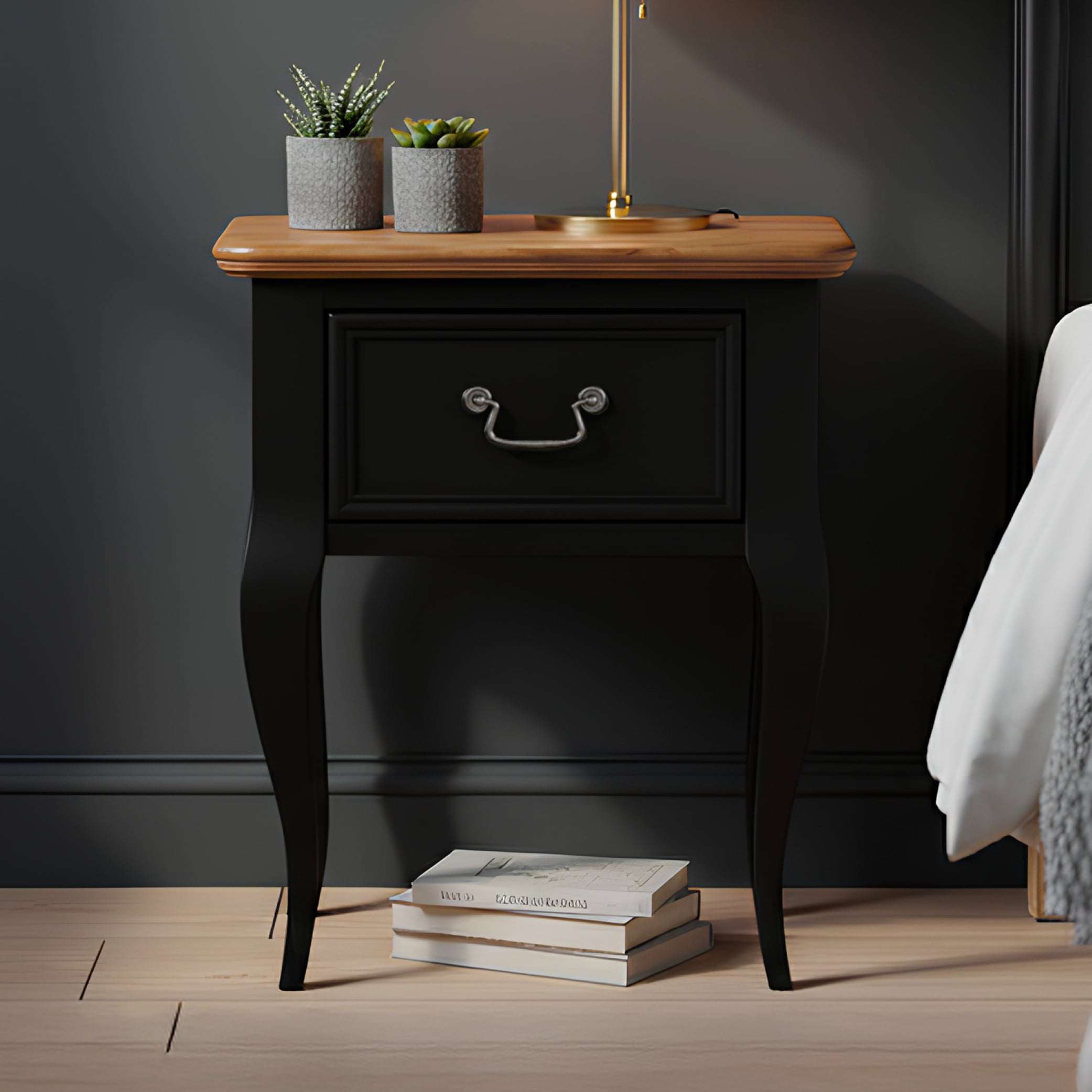 Chateau Noir Oak And Black Painted 1 Drawer Bedside Table
