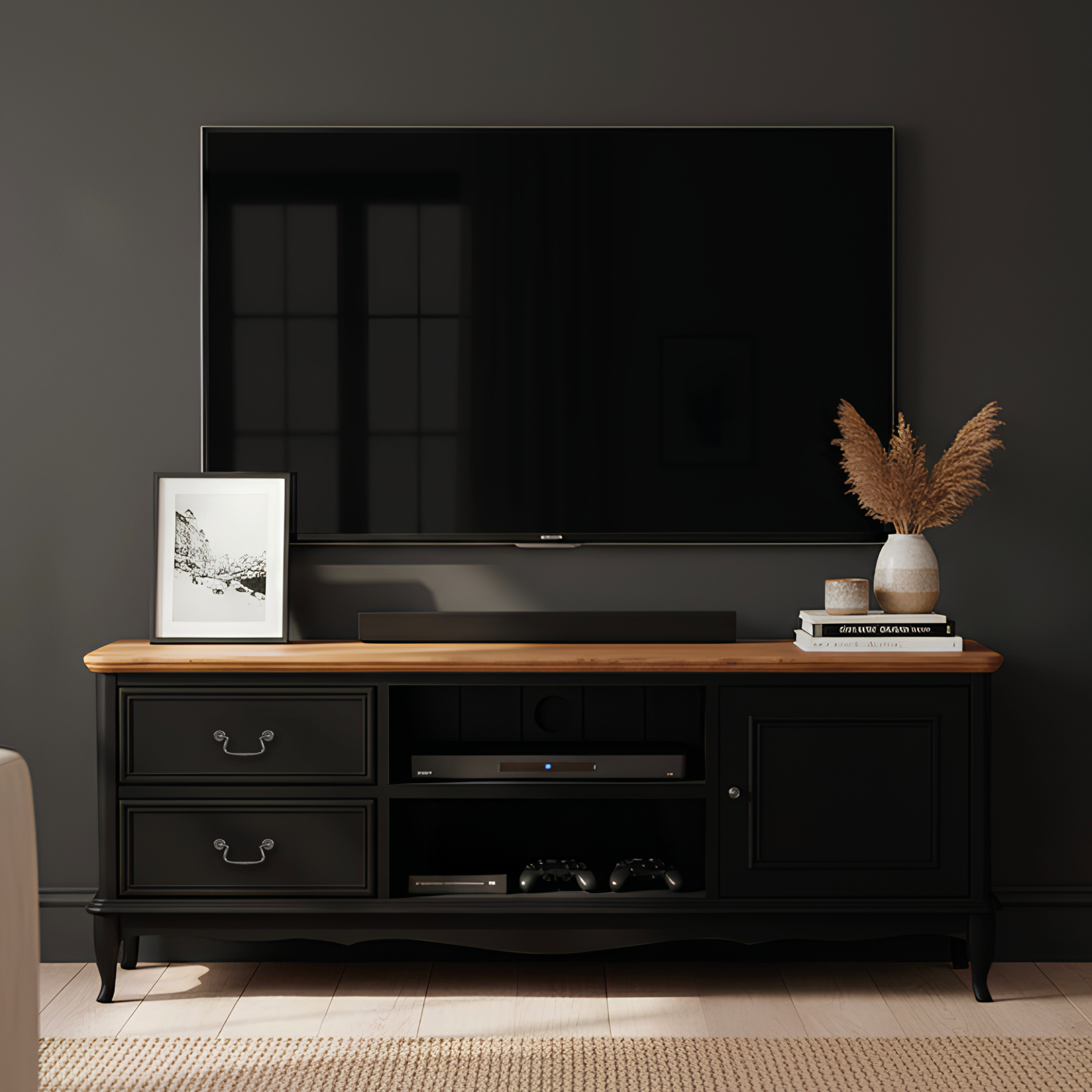Chateau Noir Oak And Black Painted Super Wide Tv Cabinet