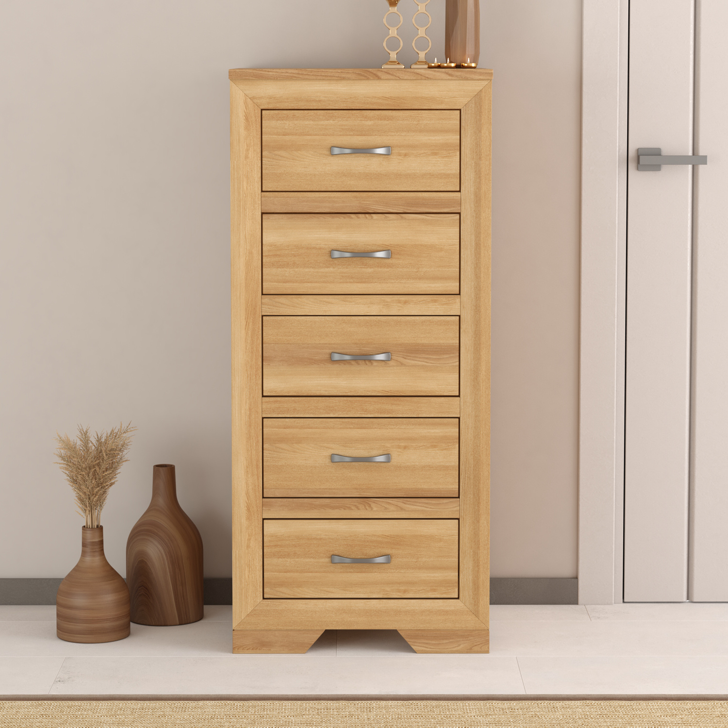 Tilt Solid Oak 5 Drawer Tallboy