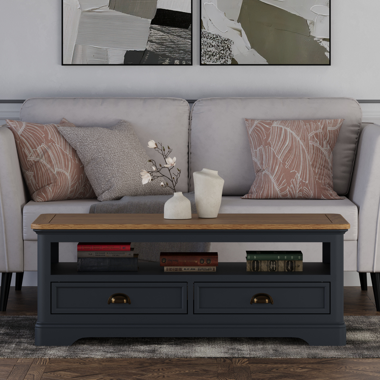 Bridstow Oak and Blue Painted 4 Drawer Coffee Table