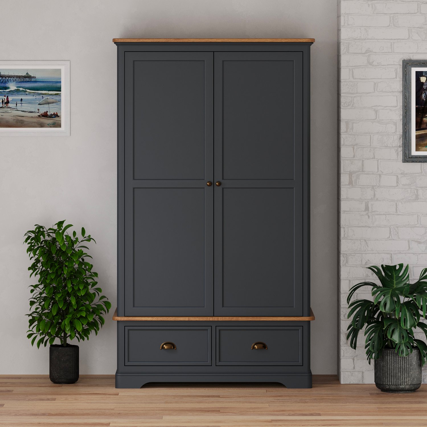 Bridstow Oak and Blue Painted Double Wardrobe