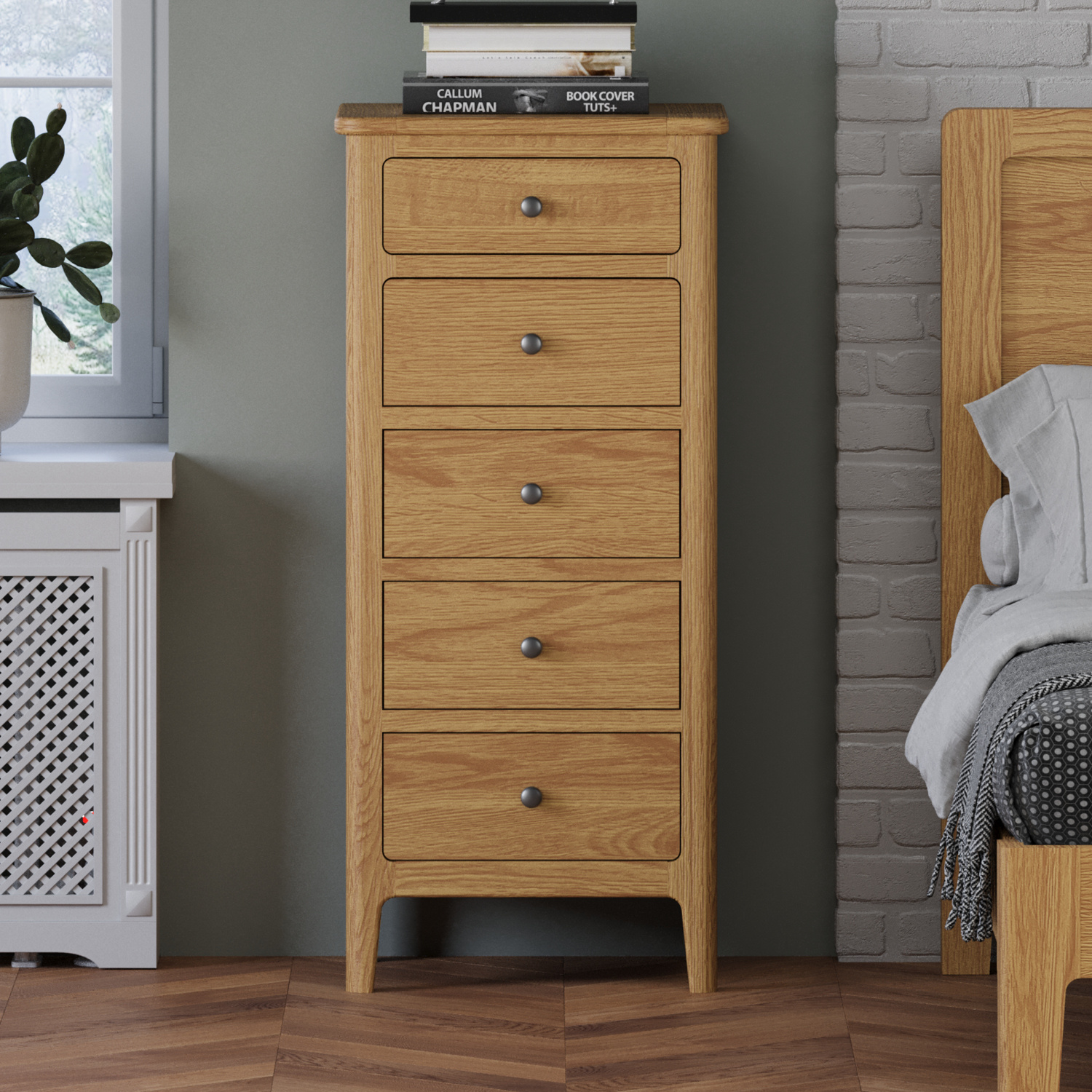 Loxton Solid Oak 5 Drawer Tallboy