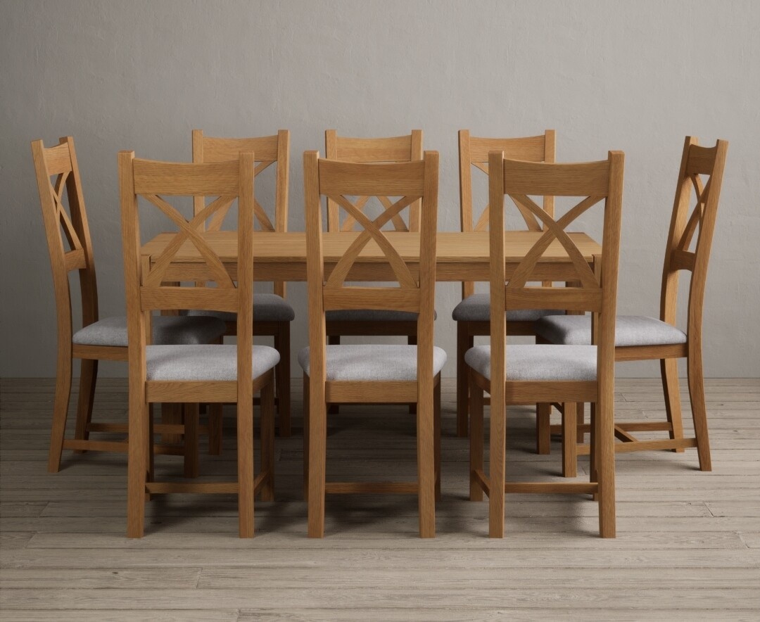 York 150cm Solid Oak Dining Table with 4 Light Grey York Chairs and 2 Oak Benches
