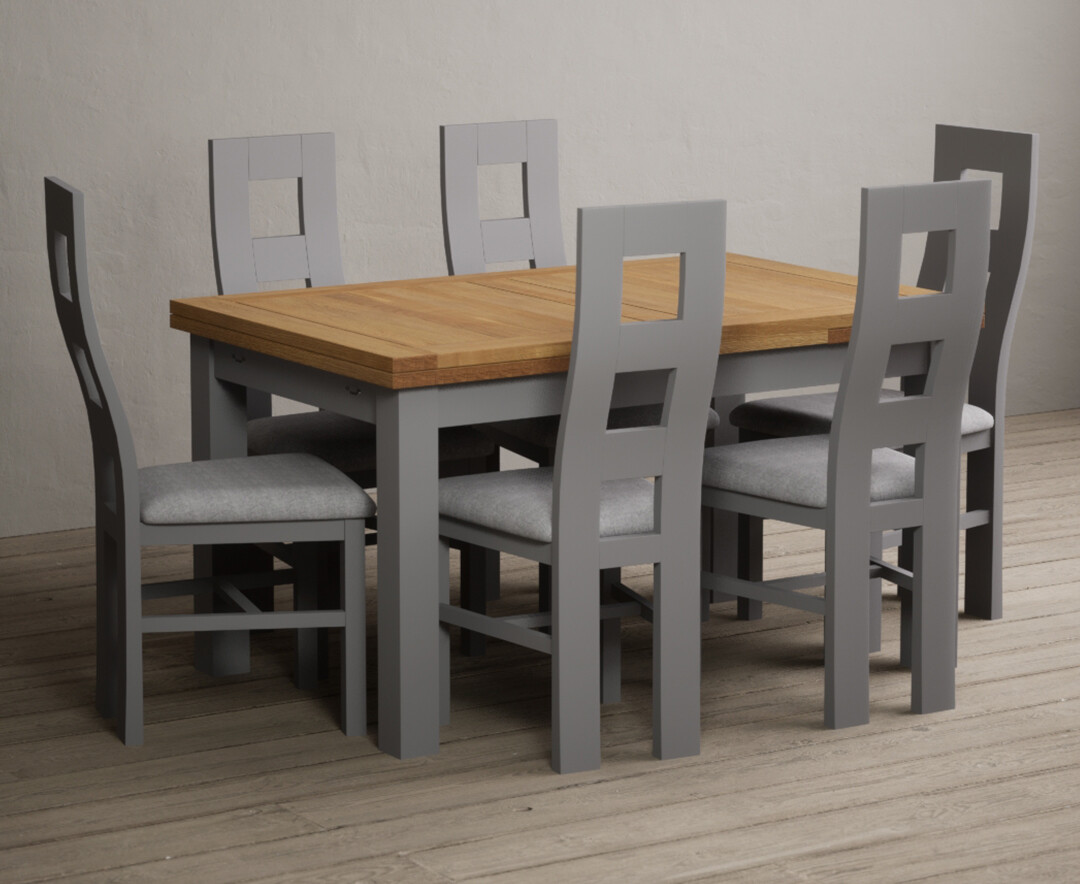 Extending Buxton 140cm Oak And Light Grey Painted Dining Table With 6 Oak Painted Chairs