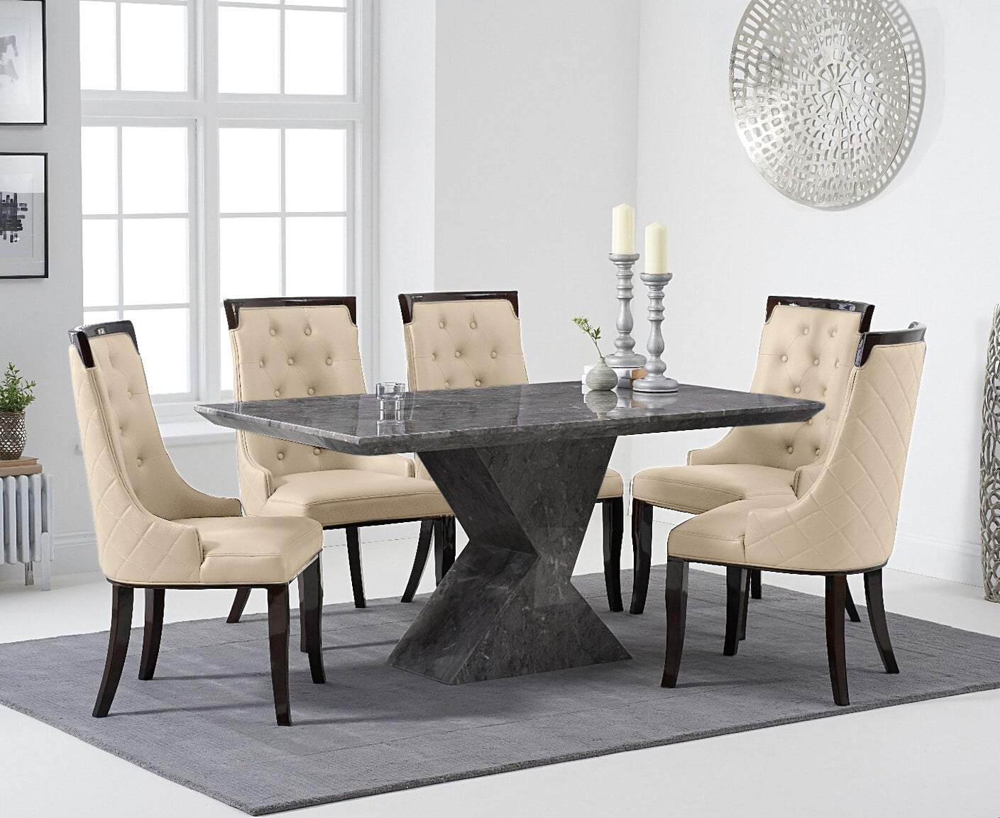 Aaron 160cm Marble Grey Dining Table with 6 Cream Francesca Chairs