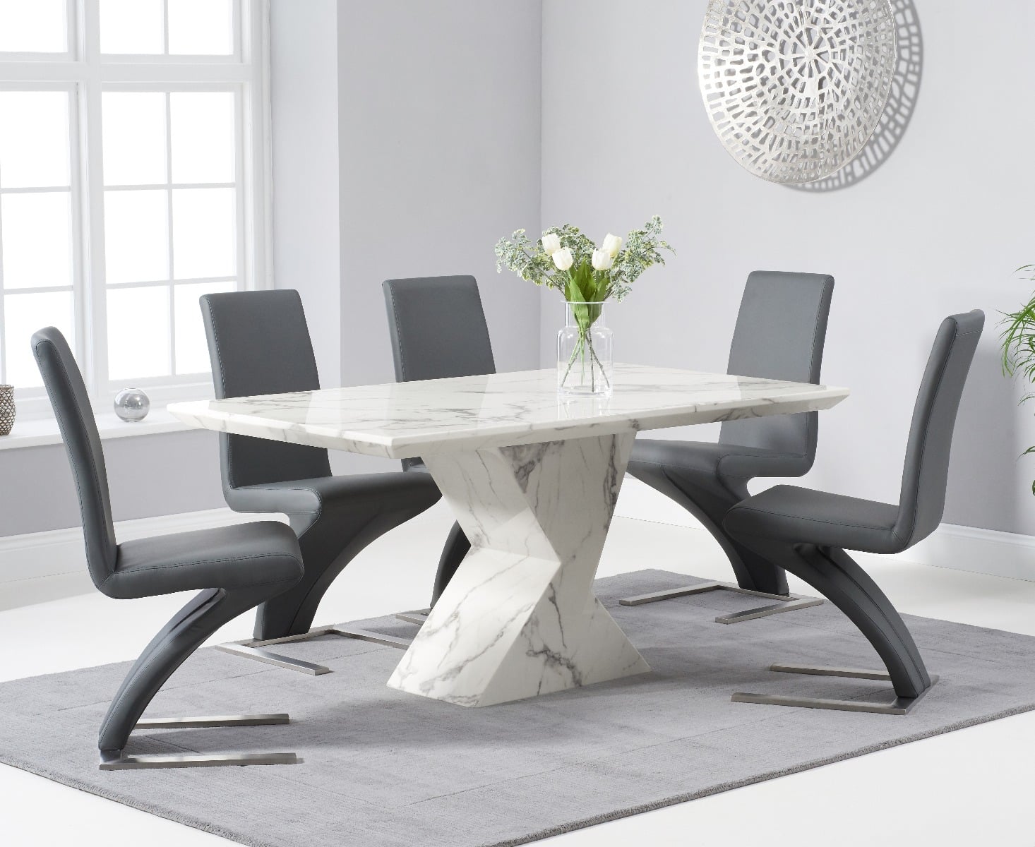 Aaron 160cm Marble White Dining Table With 4 White Aldo Chairs