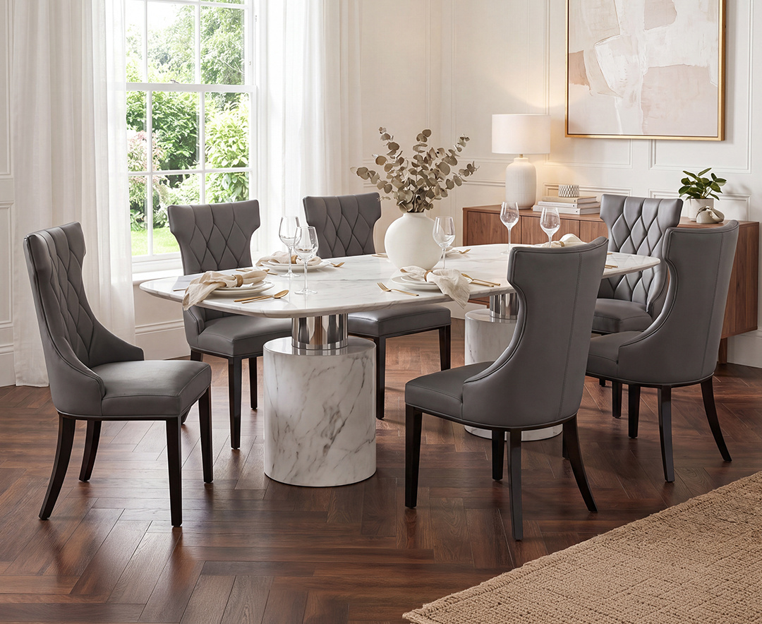 Colby 200cm Oval White Marble Dining Table with 6 Grey Lorenzo Chairs