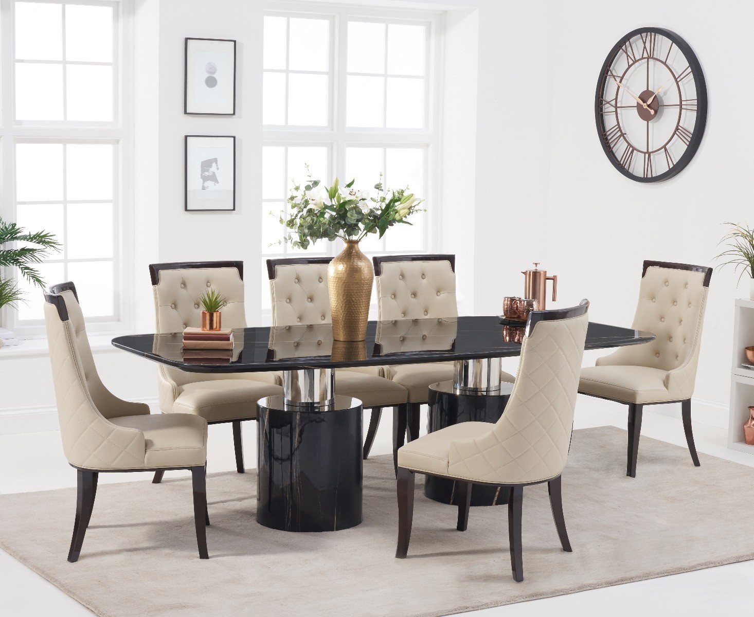 Antonio 180cm Black Marble Dining Table with 4 Cream Francesca Chairs
