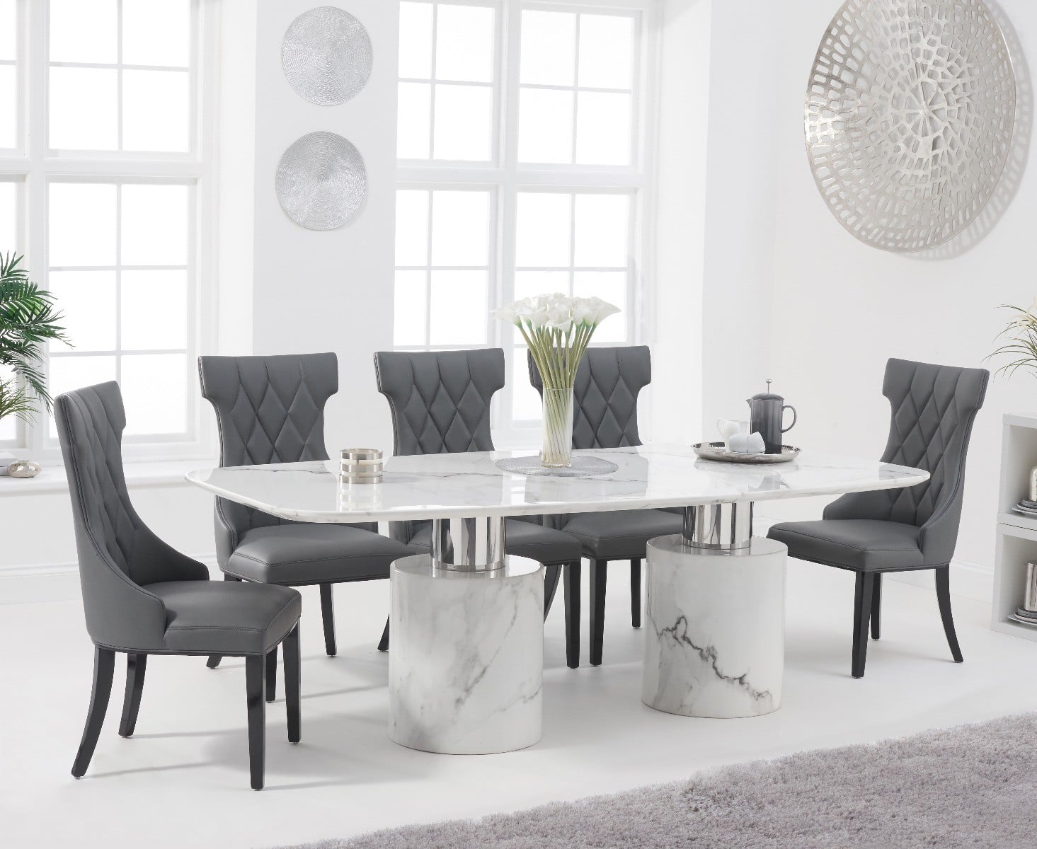 Antonio 220cm White Marble Dining Table With 6 Cream Sophia Chairs