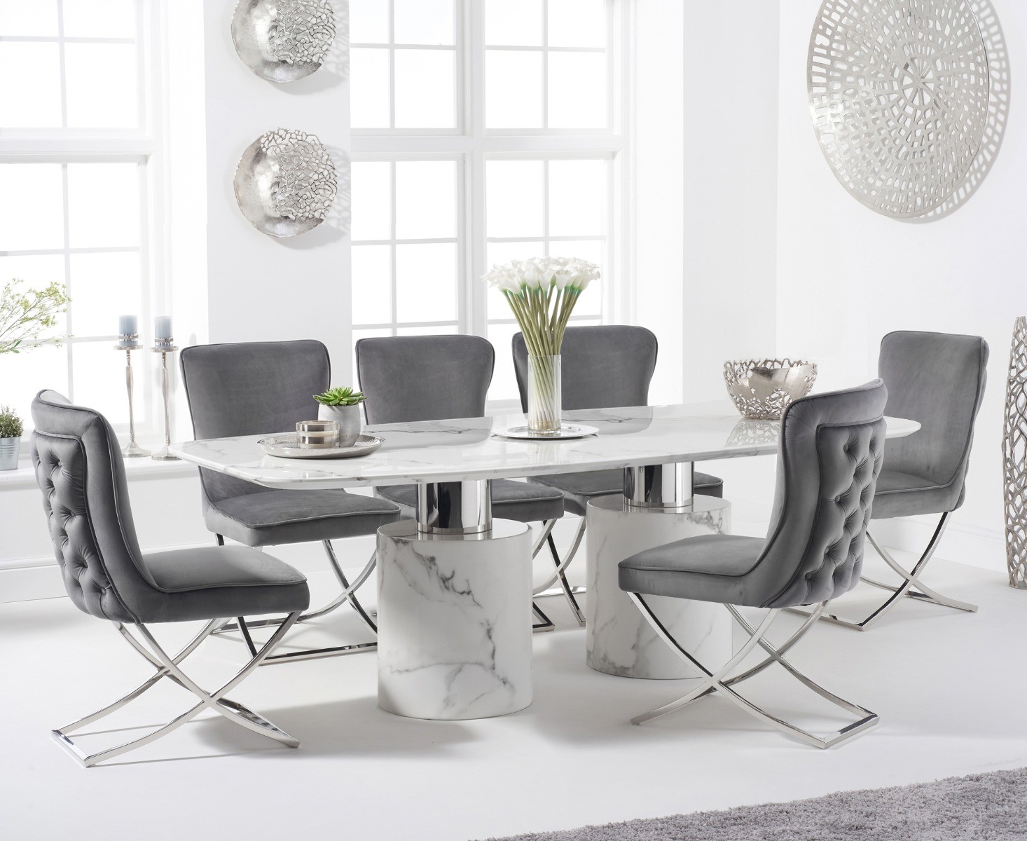 Antonio 220cm White Marble Dining Table With 10 Grey Lorenzo Chairs