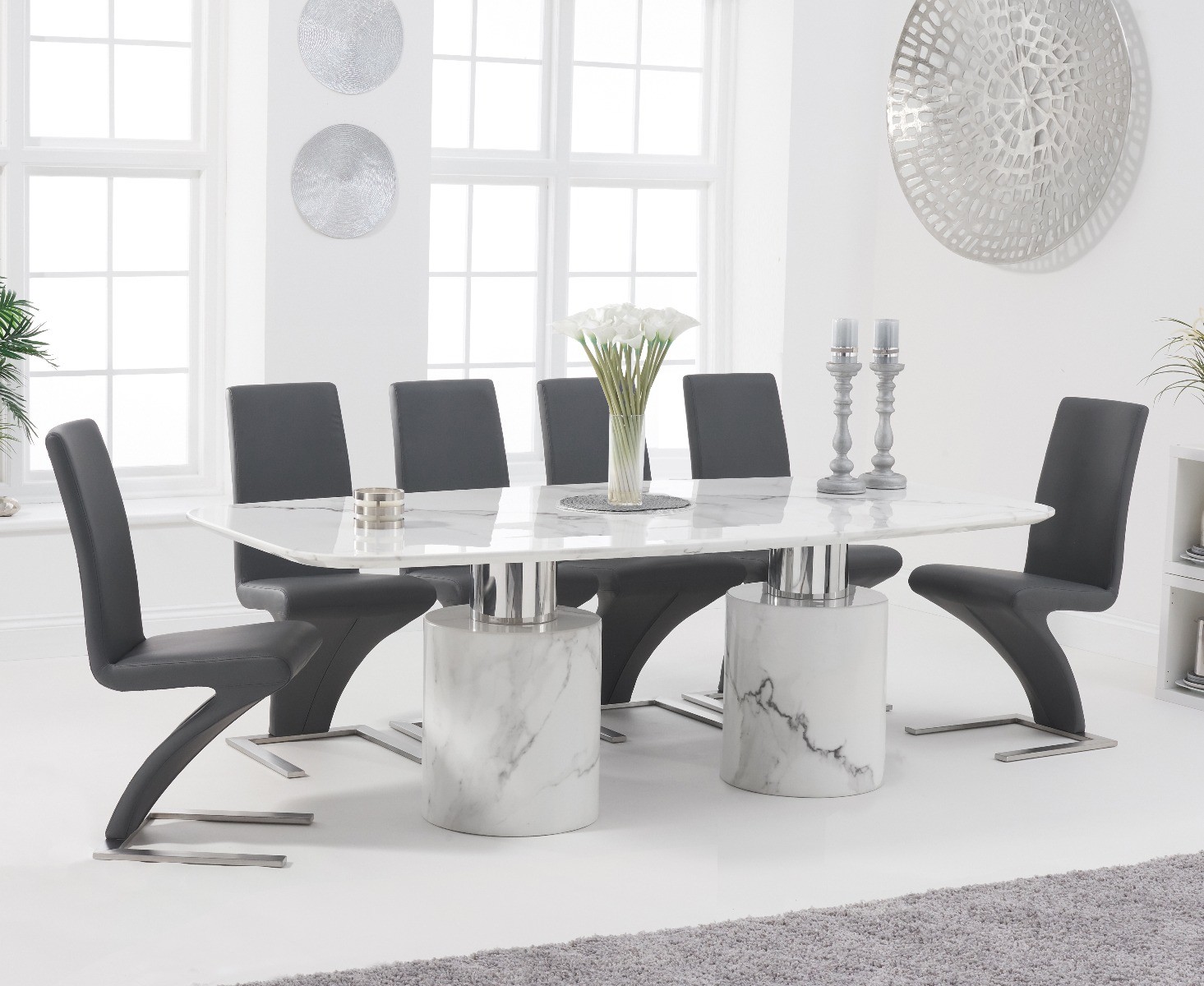 Antonio 220cm White Marble Dining Table with 10 Grey Aldo Chairs