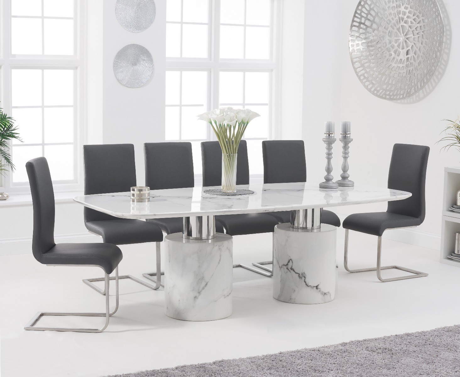 Antonio 220cm White Marble Dining Table With 8 Grey Austin Chairs