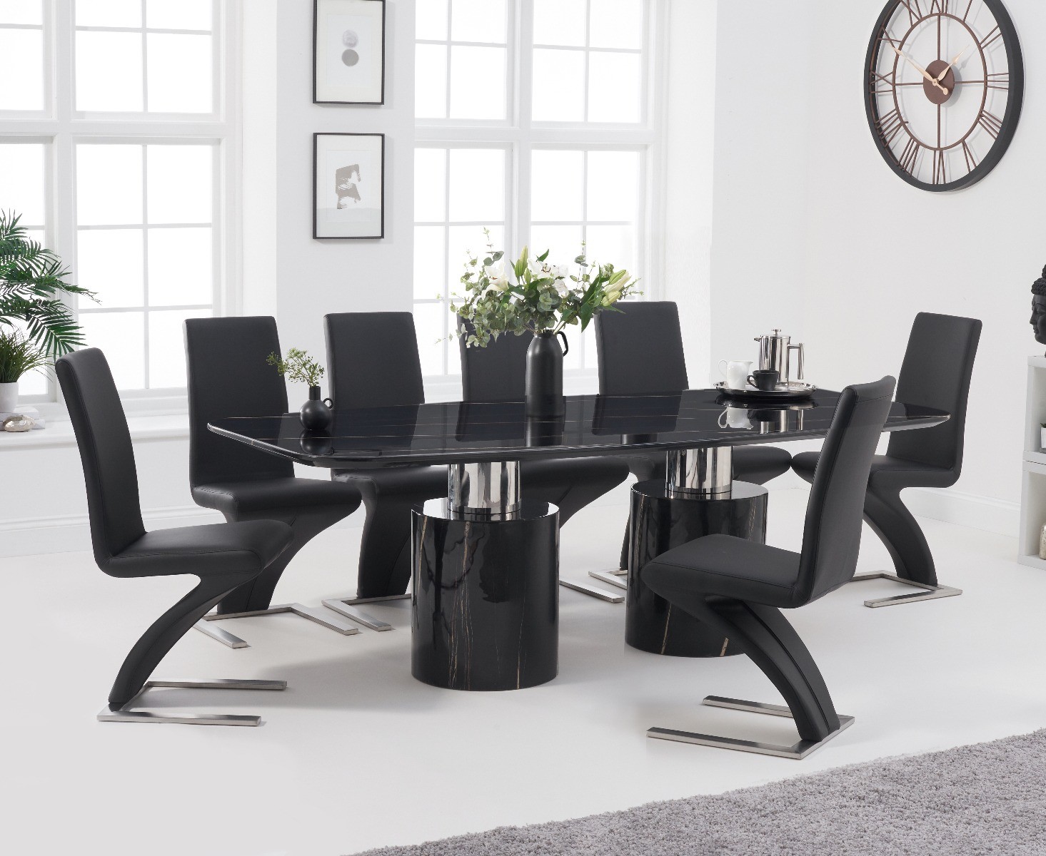 Antonio 220cm Black Marble Dining Table With 8 White Aldo Chairs