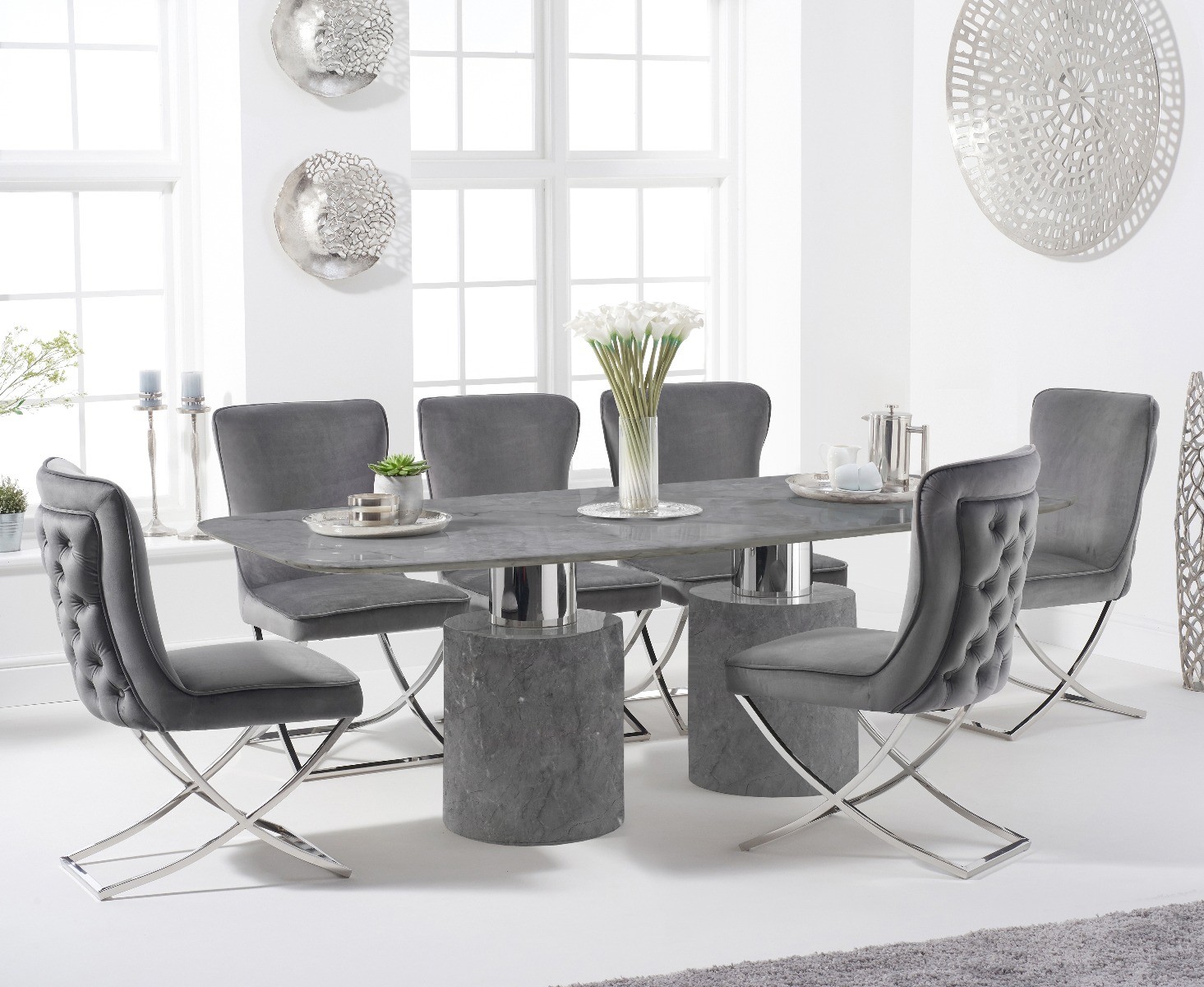 Antonio 220cm Grey Marble Dining Table With 10 Grey Lorenzo Chairs