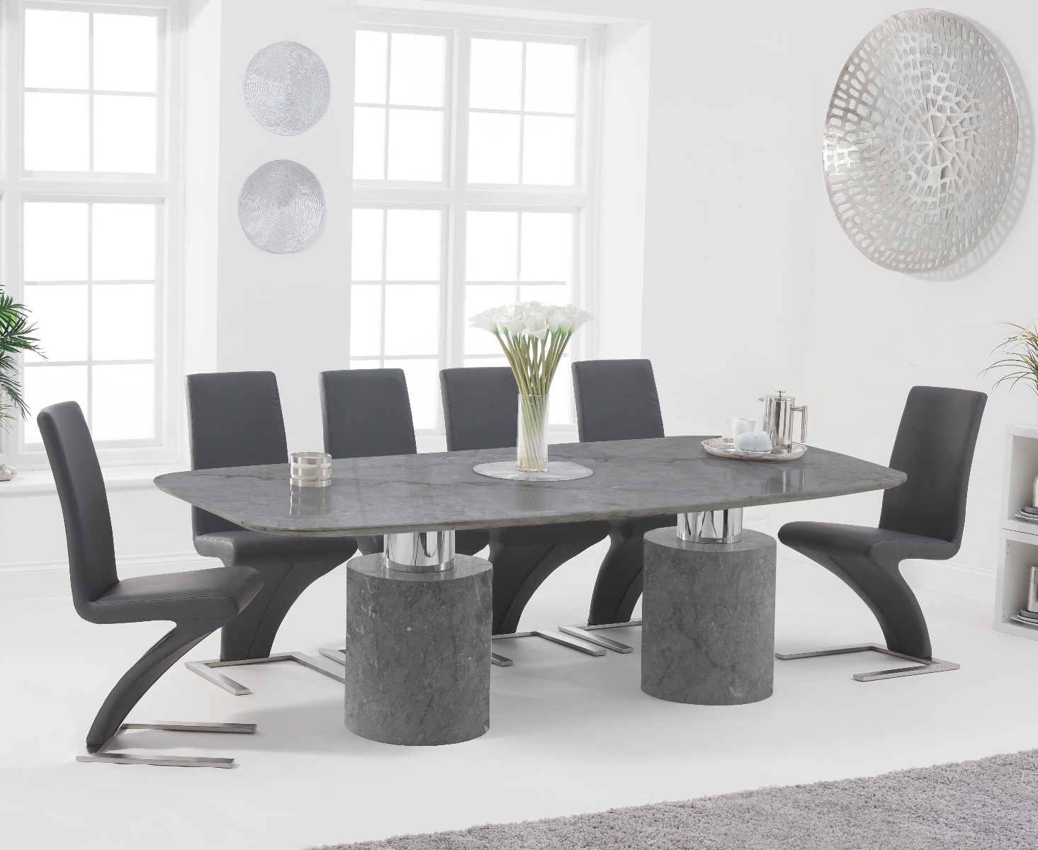 Antonio 220cm Grey Marble Dining Table With 8 Grey Aldo Chairs