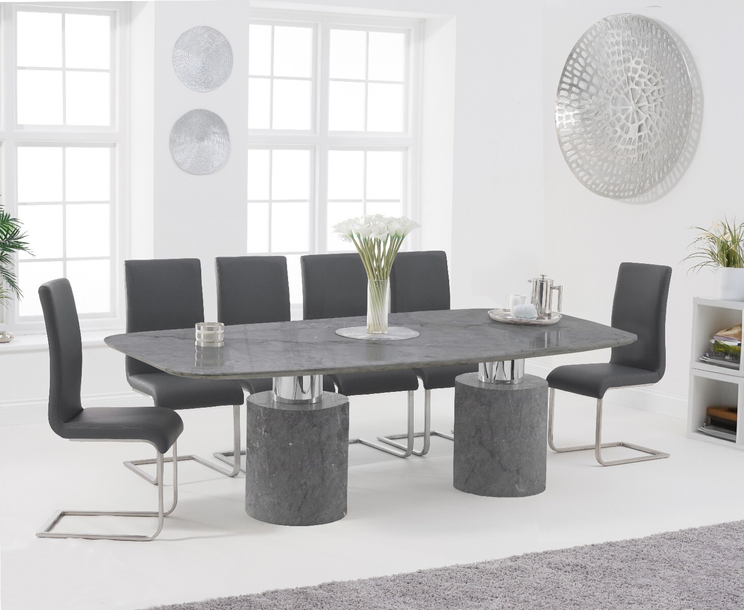 Antonio 220cm Grey Marble Dining Table With 6 Grey Austin Chairs