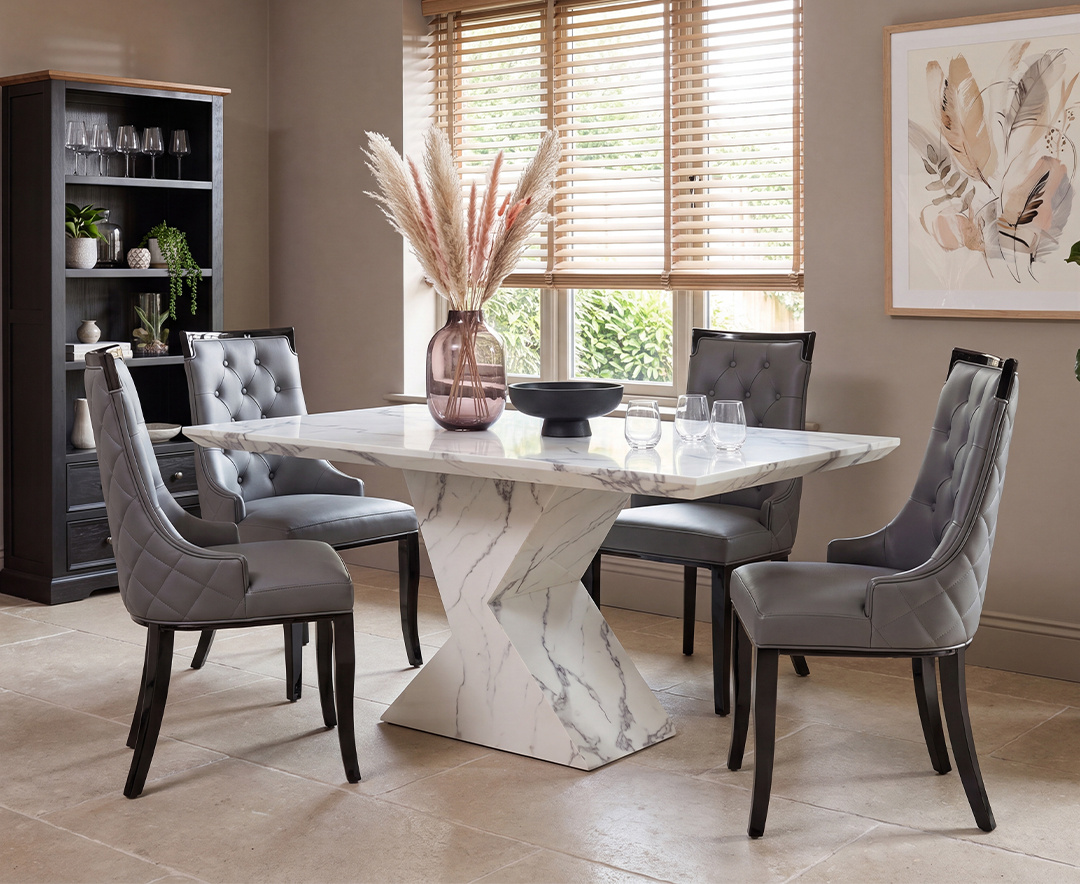 Aaron 160cm Marble White Dining Table with 4 Grey Francesca Chairs