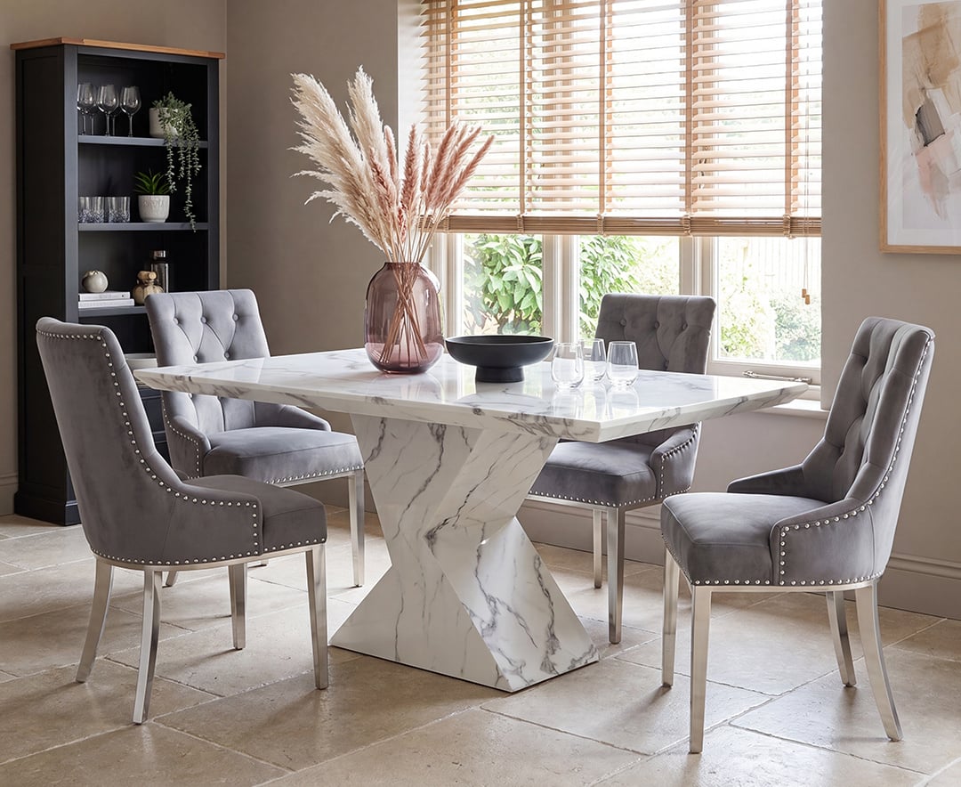 Aaron 160cm Marble White Dining Table with 4 Grey Sienna Chairs
