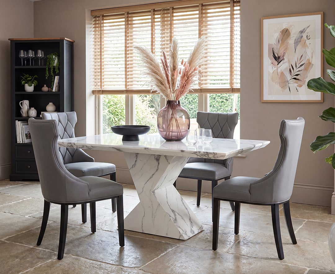 Aaron 160cm Marble White Dining Table with 4 Grey Sophia Chairs