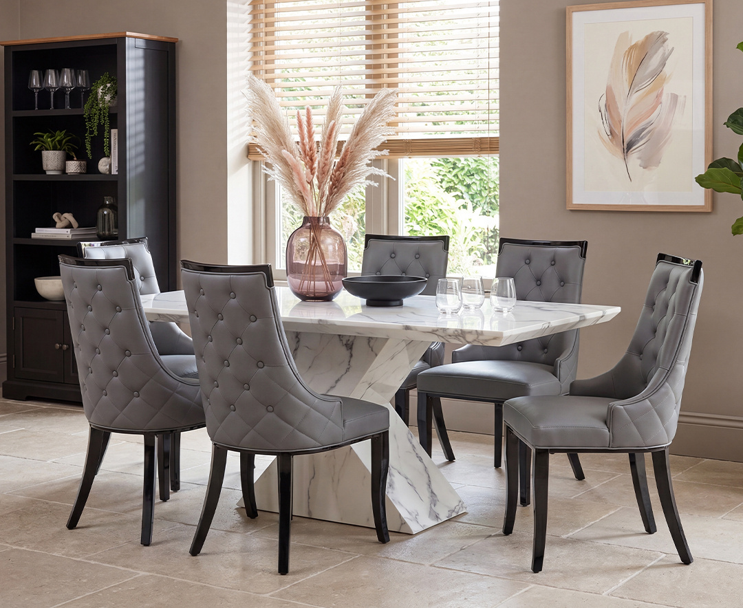 Aaron 160cm Marble White Dining Table with 6 Grey Francesca Chairs