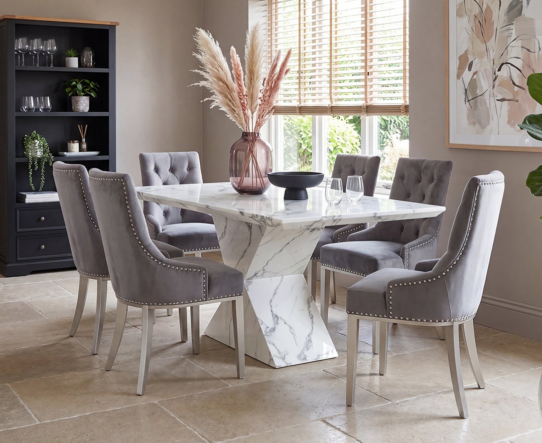 Aaron 160cm Marble White Dining Table with 6 Grey Sienna Chairs