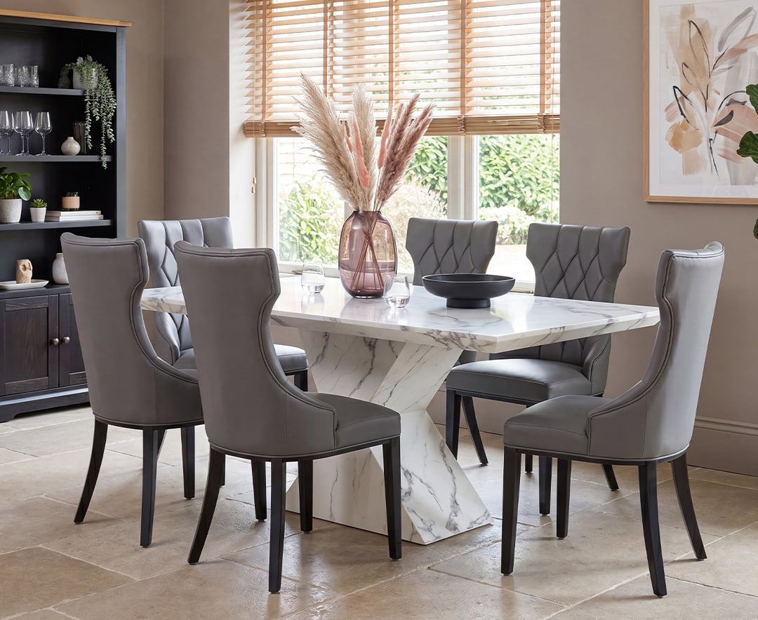 Aaron 160cm Marble White Dining Table with 6 Grey Sophia Chairs