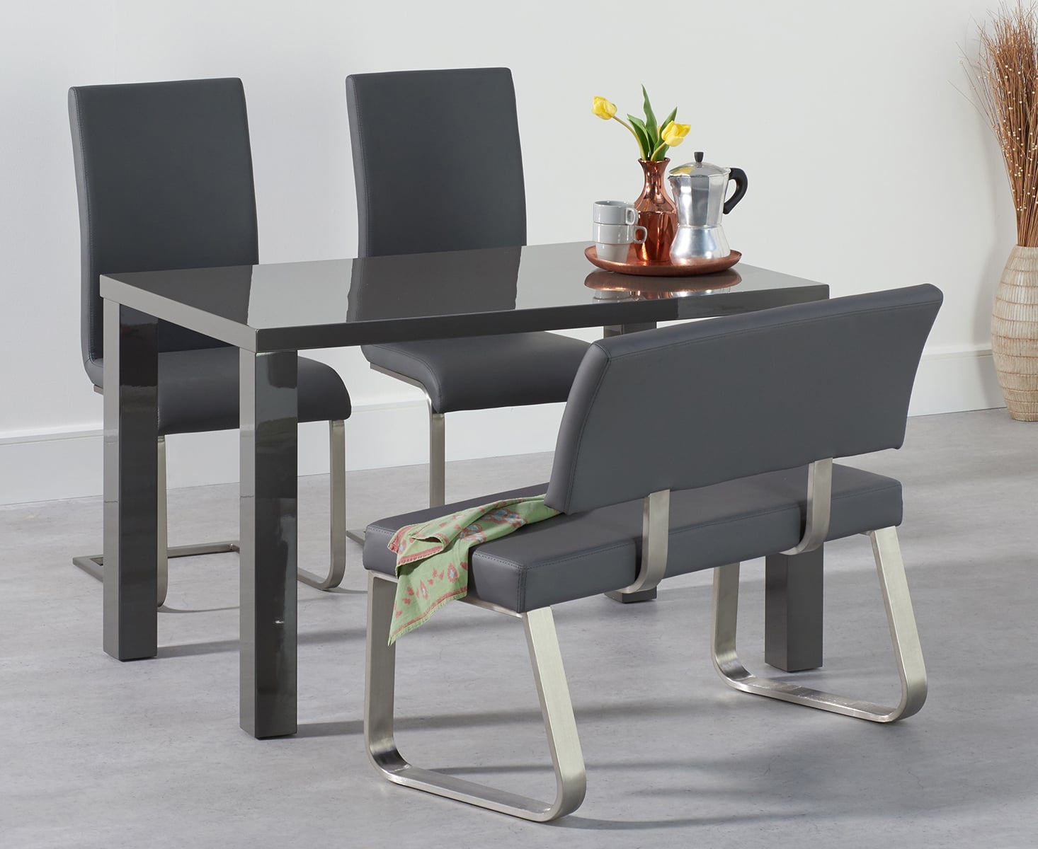 Seattle 120cm Dark Grey High Gloss Dining Table With 2 Grey Austin Chairs With 1 Grey Bench
