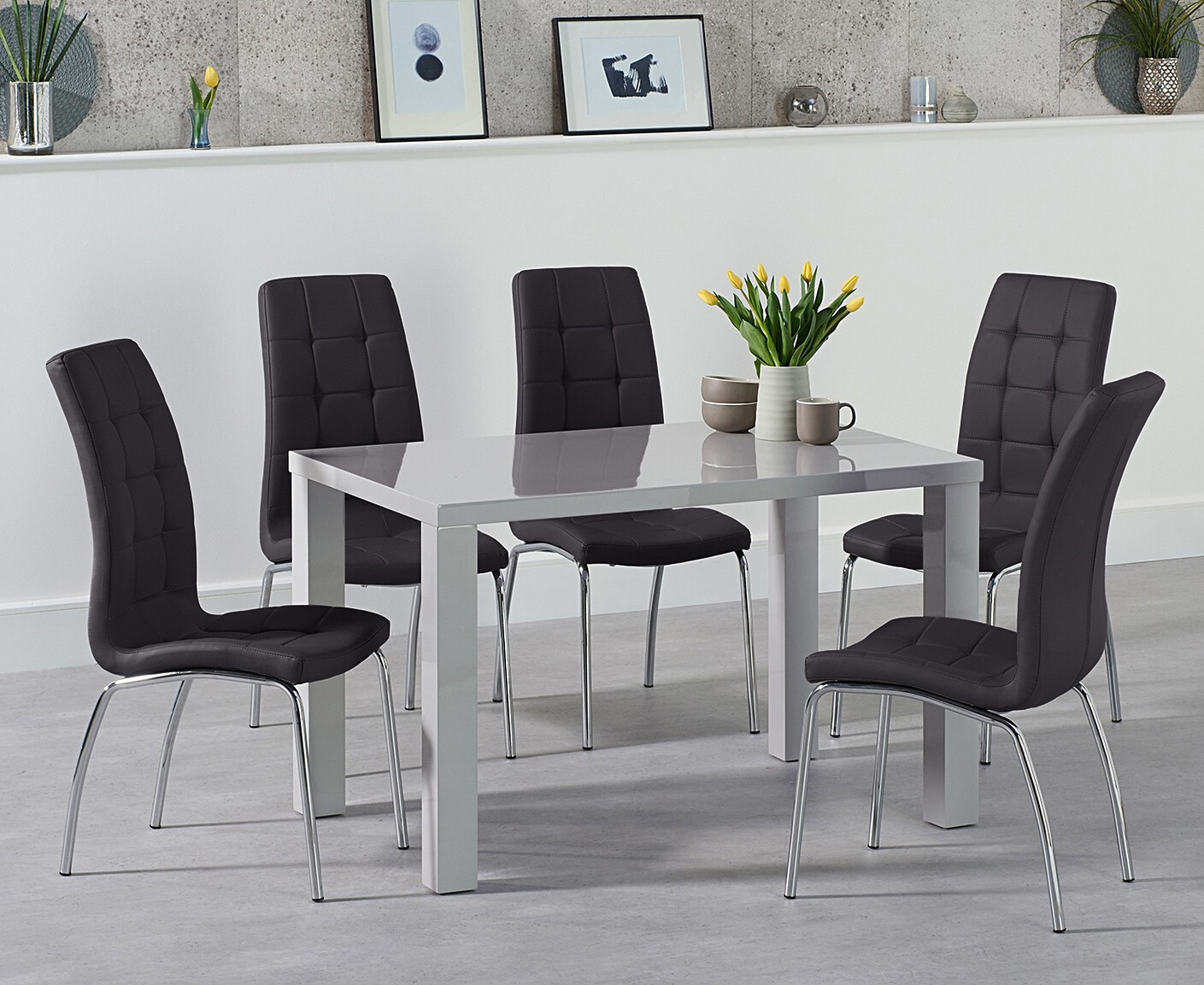 Seattle 120cm Light Grey High Gloss Dining Table With 6 Red Enzo Chairs