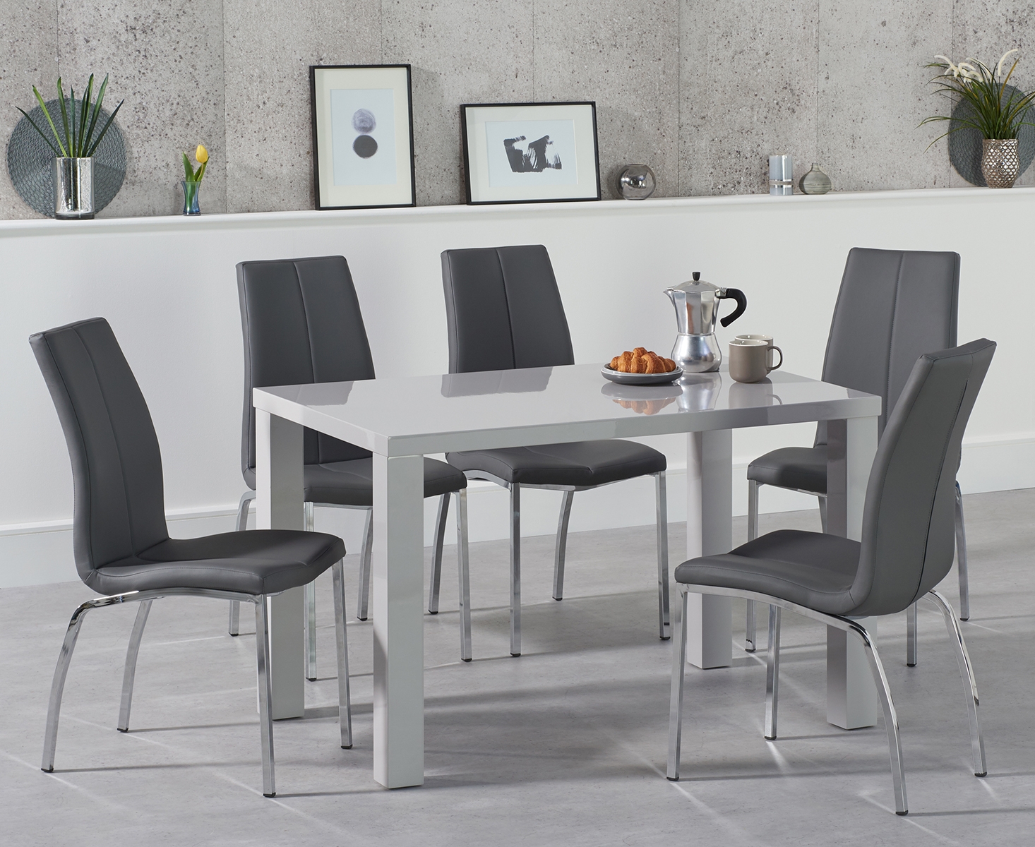 Seattle 120cm Light Grey High Gloss Dining Table With 6 White Marco Chairs