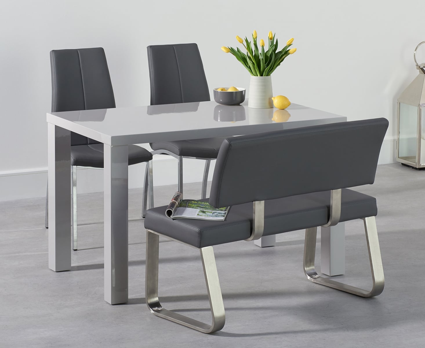 Seattle 120cm Light Grey High Gloss Dining Table With 2 Grey Marco Chairs With 1 Grey Bench