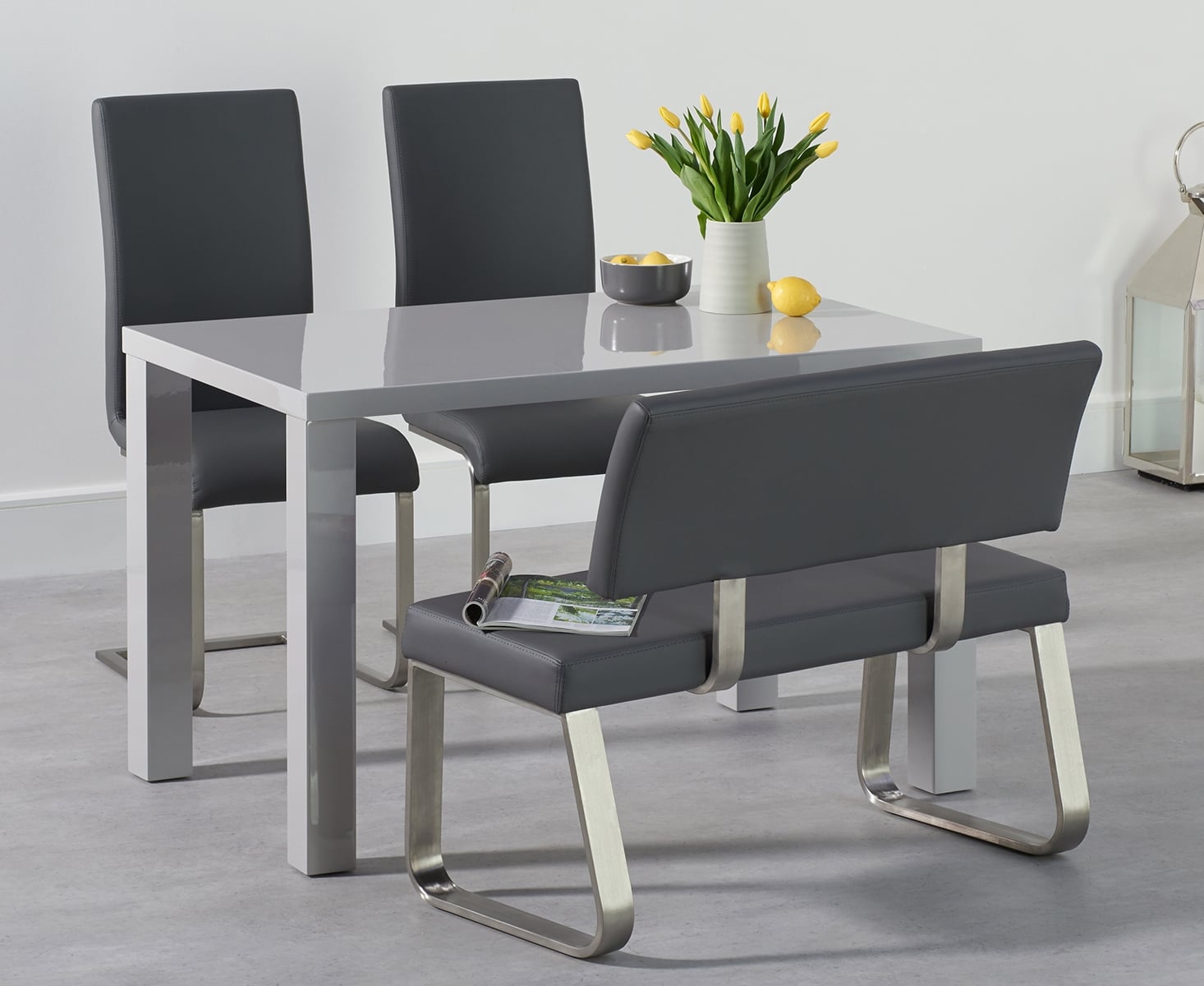 Seattle 120cm Light Grey High Gloss Dining Table With 4 Grey Austin Chairs With 2 Grey Benches