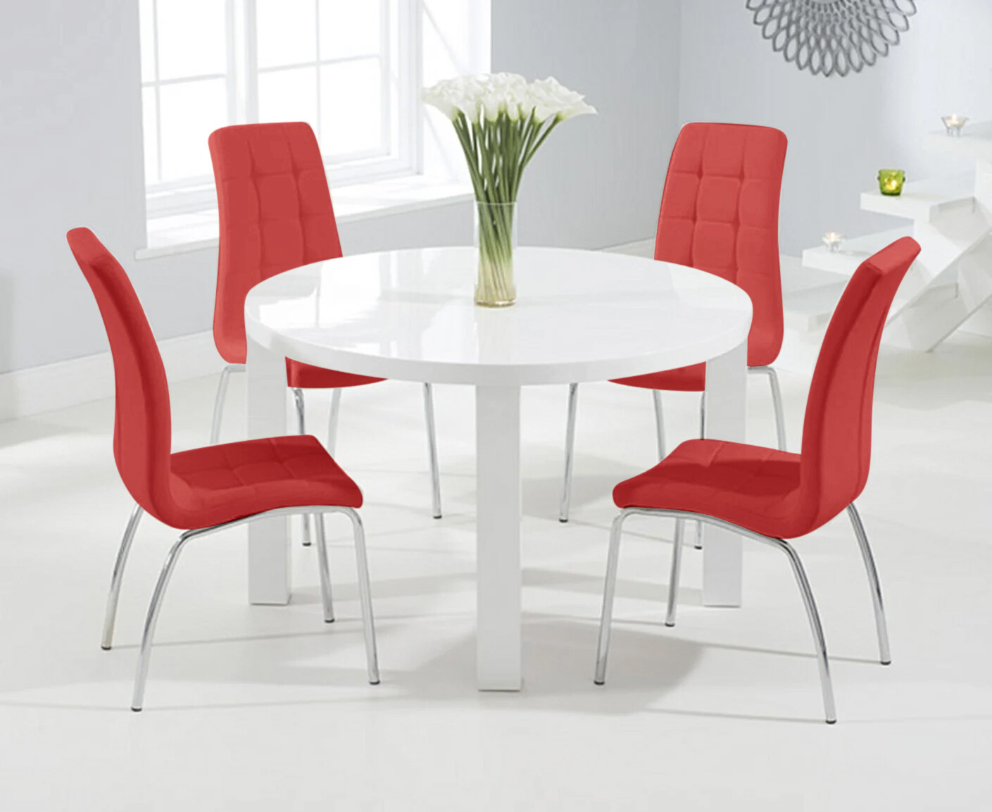 Seattle 120cm Round White High Gloss Dining Table With 4 Cream Enzo Chairs