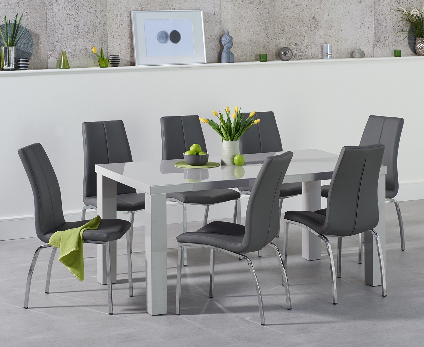 Seattle 160cm Light Grey High Gloss Dining Table With 4 Black Marco Chairs