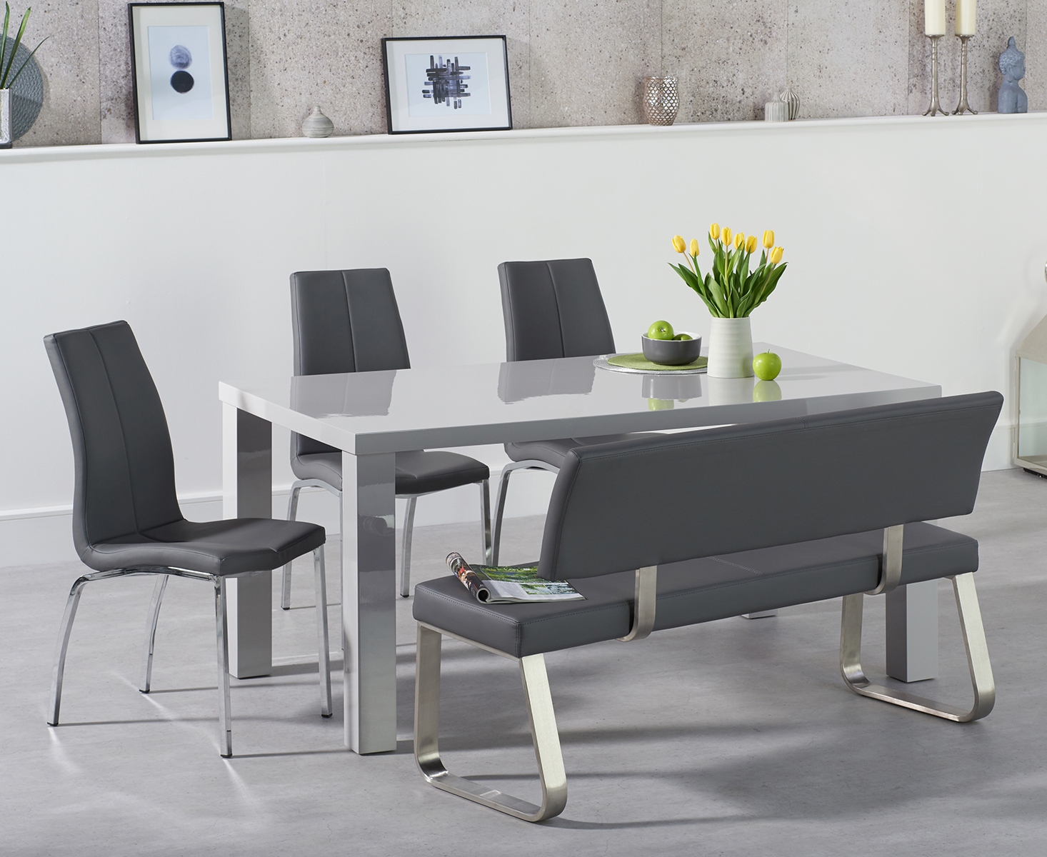Seattle 160cm Light Grey High Gloss Dining Table With 4 Grey Marco Chairs With 2 Grey Benches